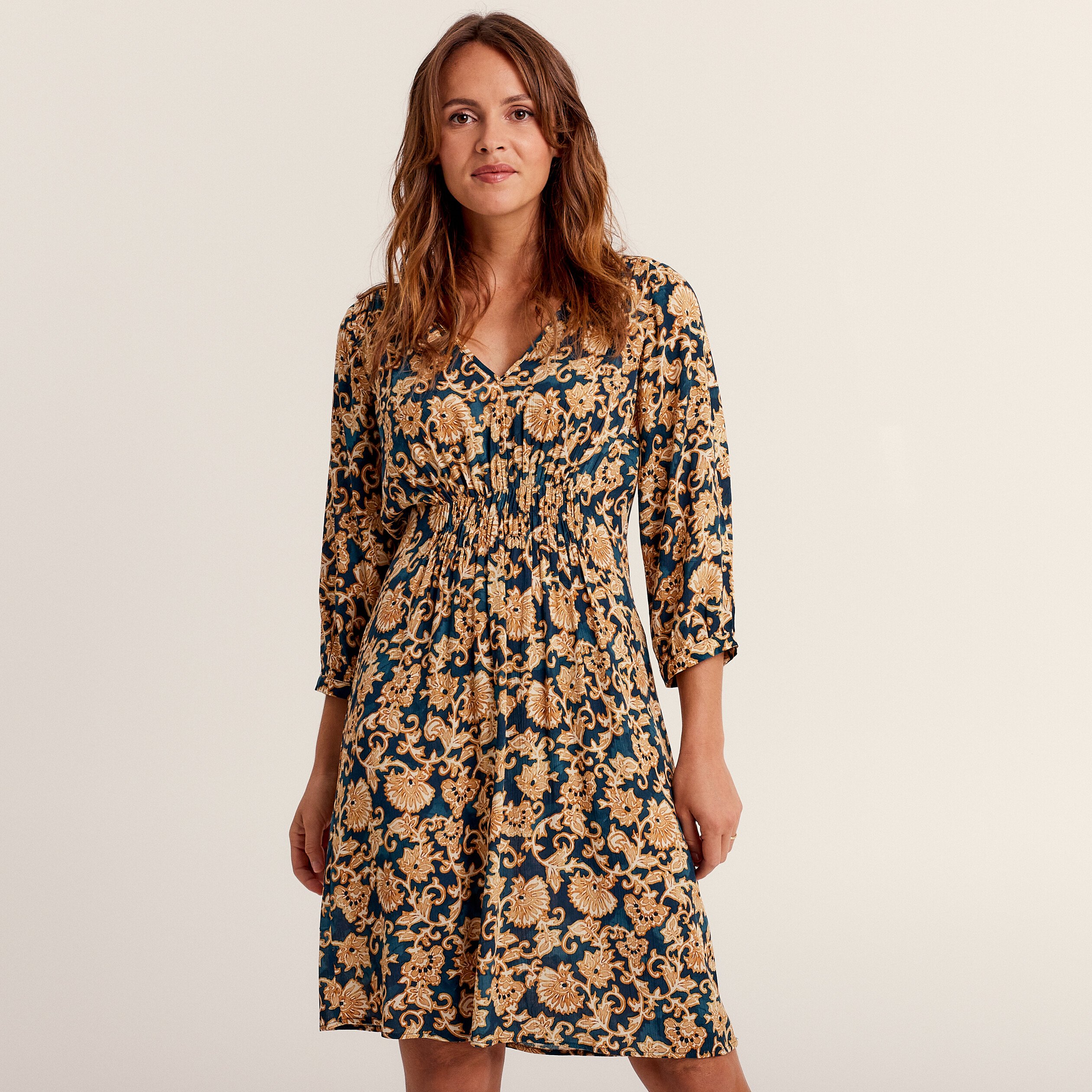 Robe évasée manches 3/4 bleu foncé femme