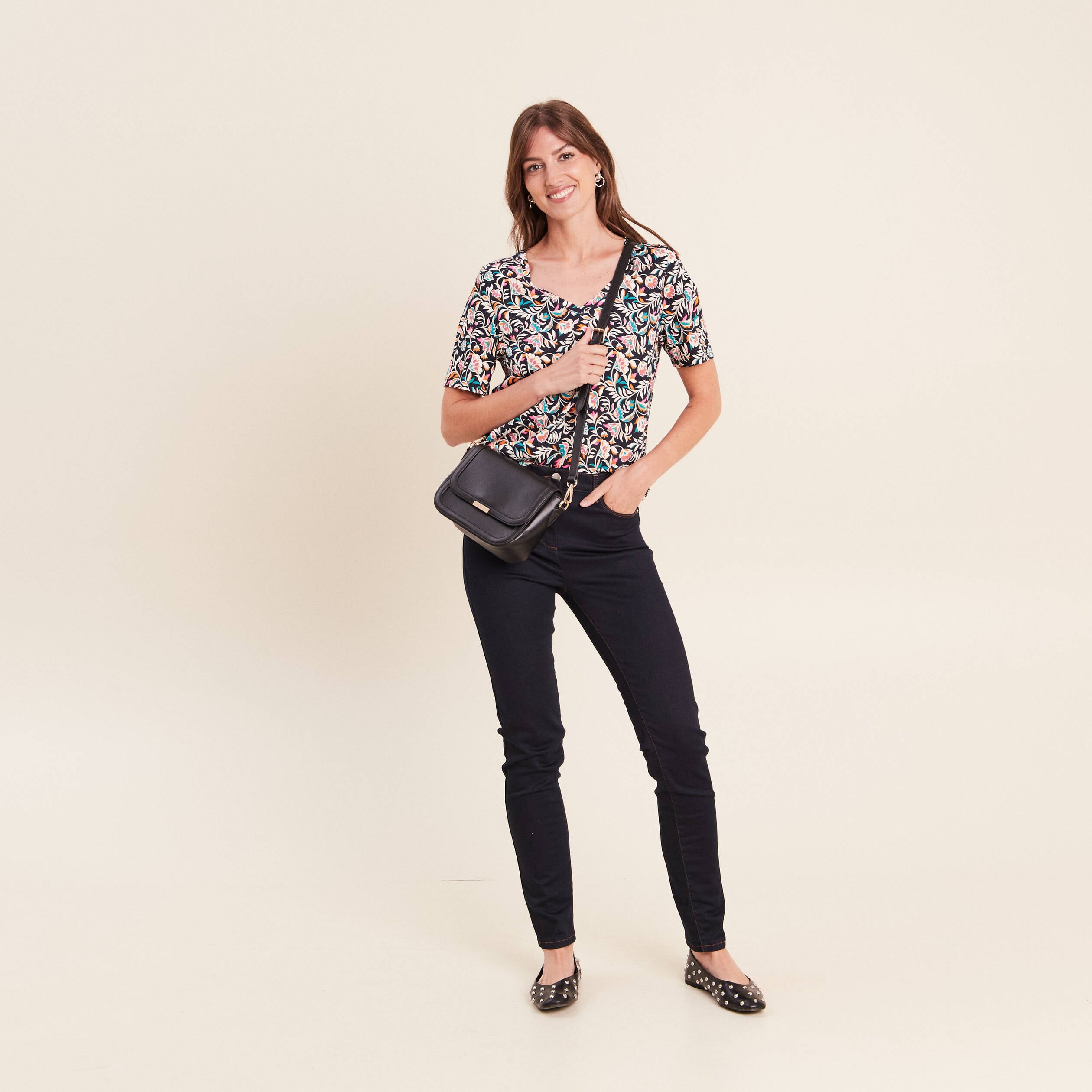 T-shirt col V manches courtes bleu femme