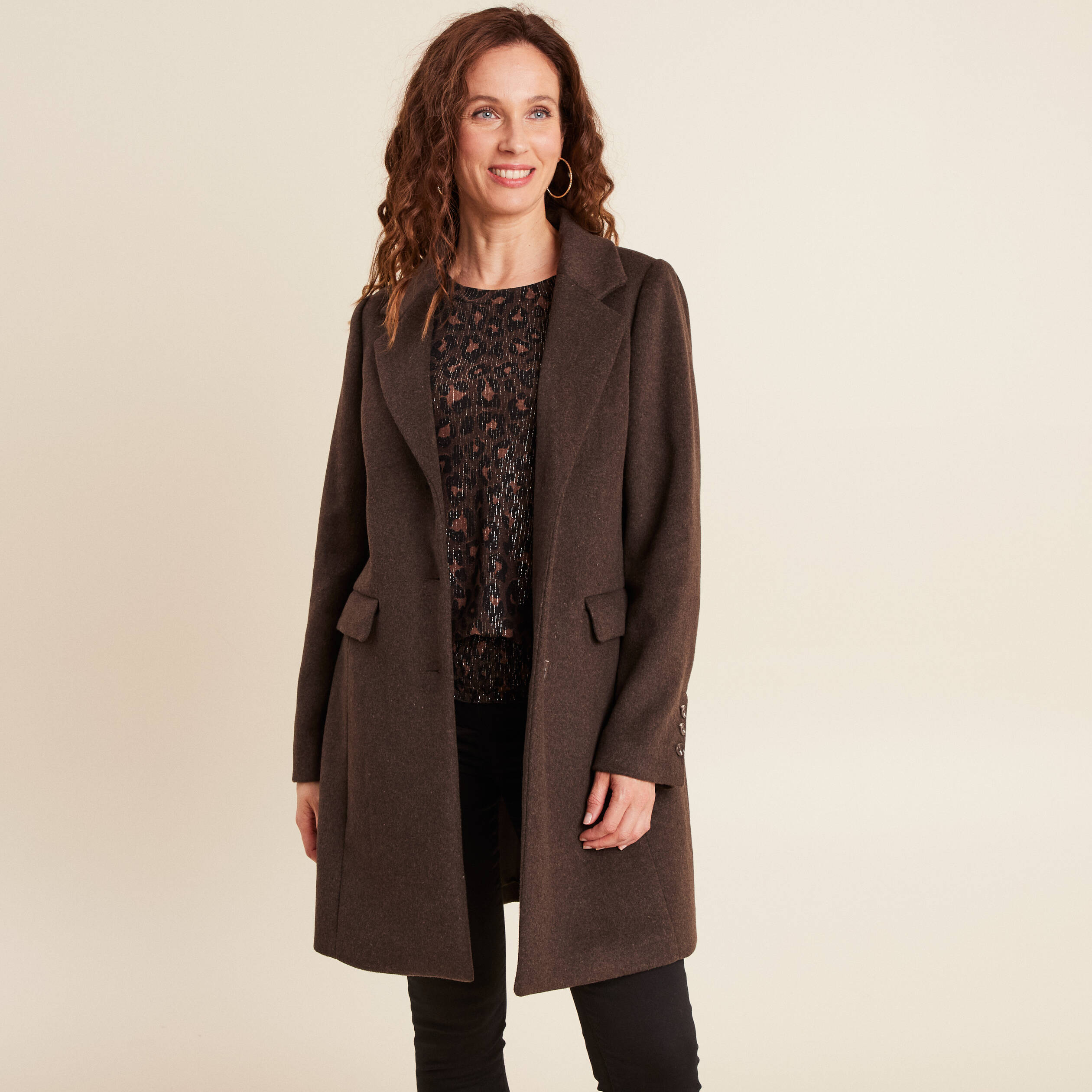 Manteau en droit à capuche marron foncé femme Bréal