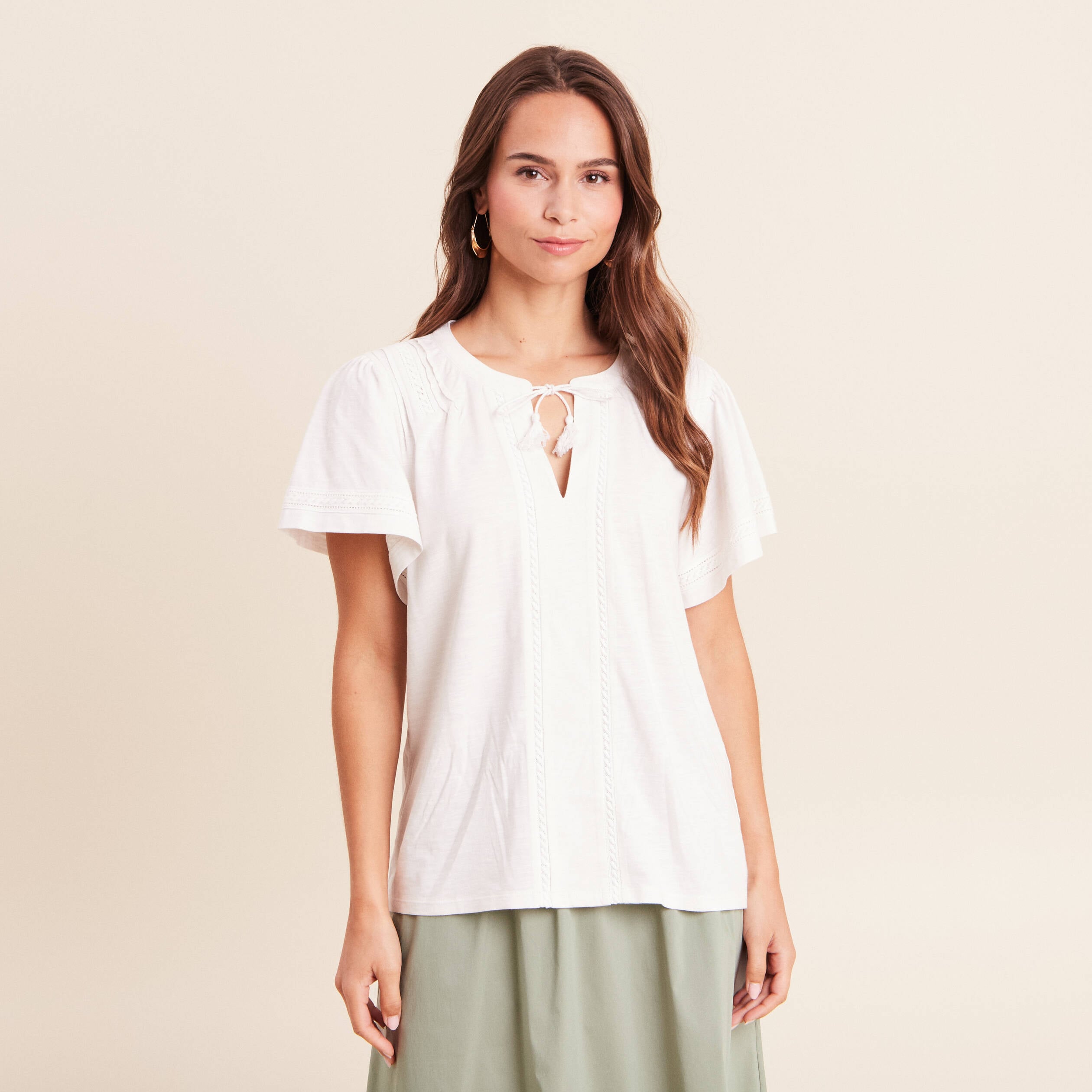 Blouse col tunisien manches courtes ecru femme