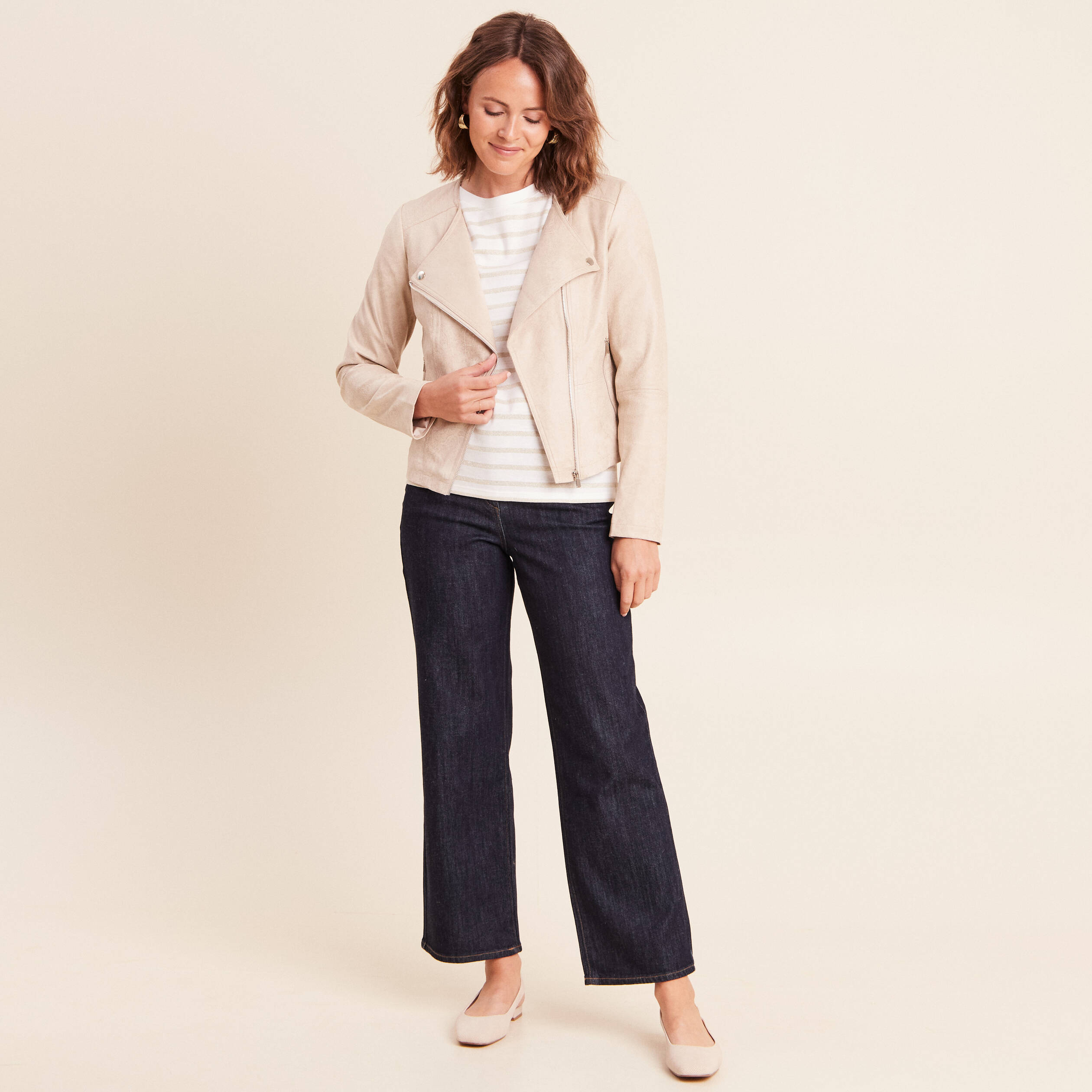 Veste droite zipp&eacute;e beige femme