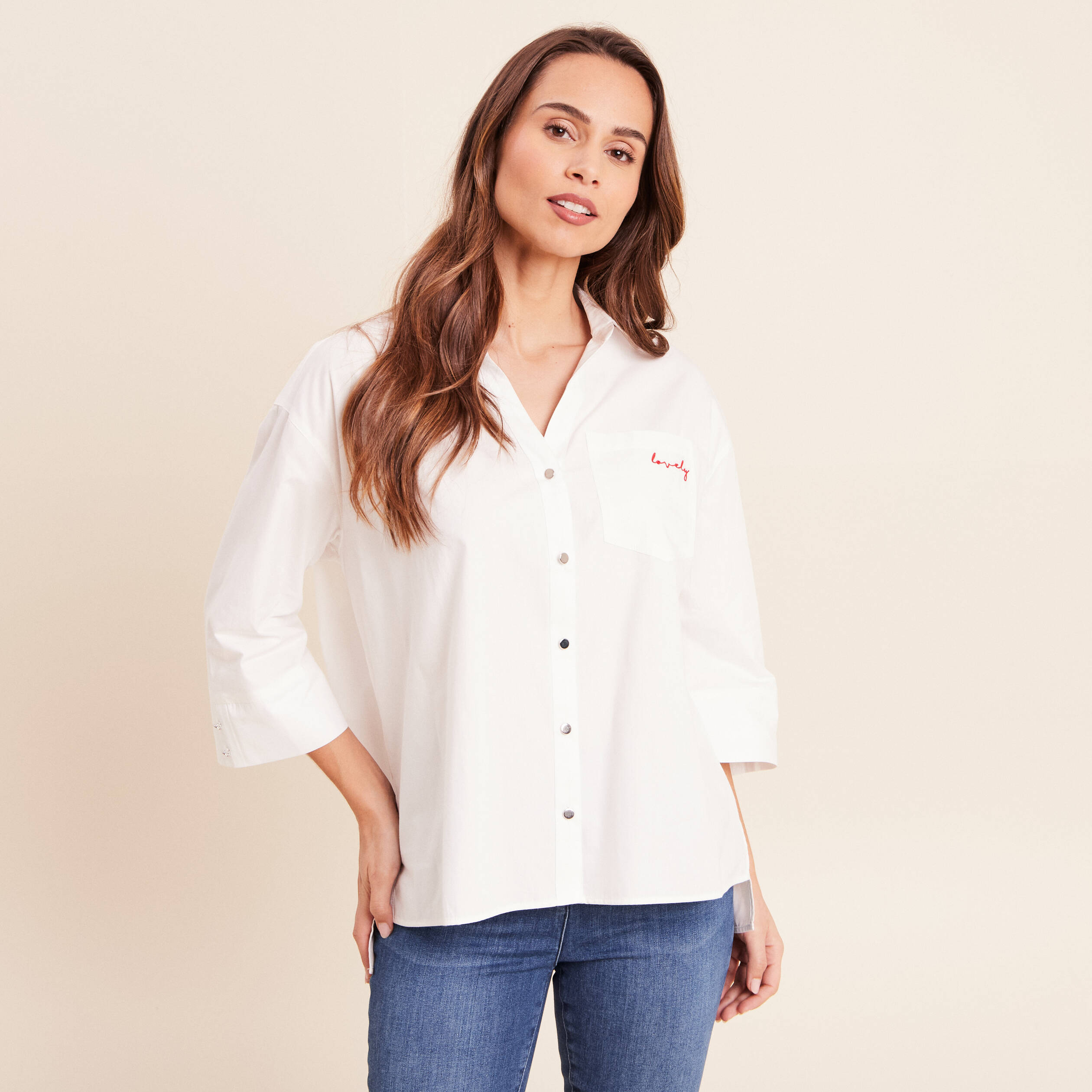 Chemise ample en coton manches 3/4 ecru femme