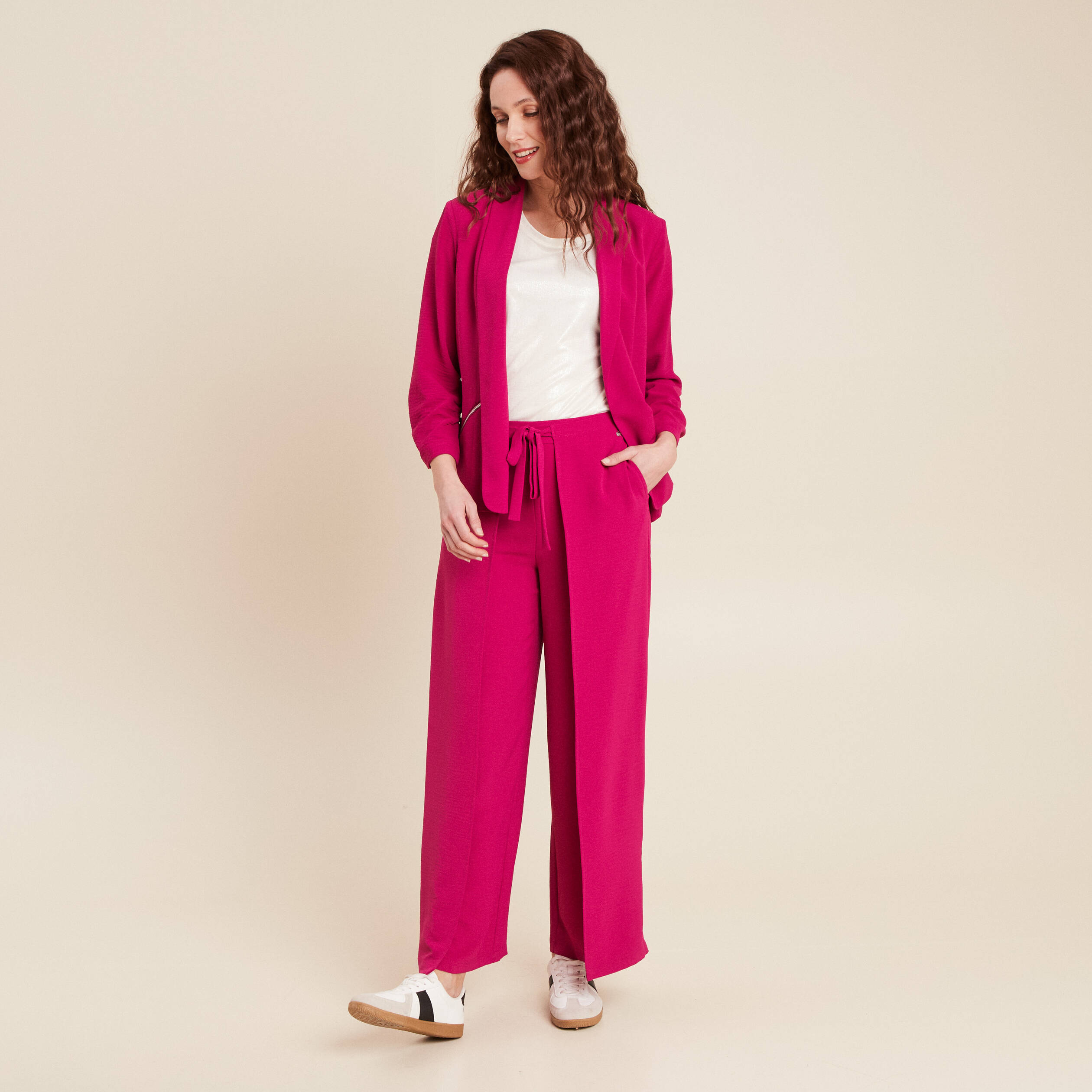 Veste fluide col châle rose fushia femme