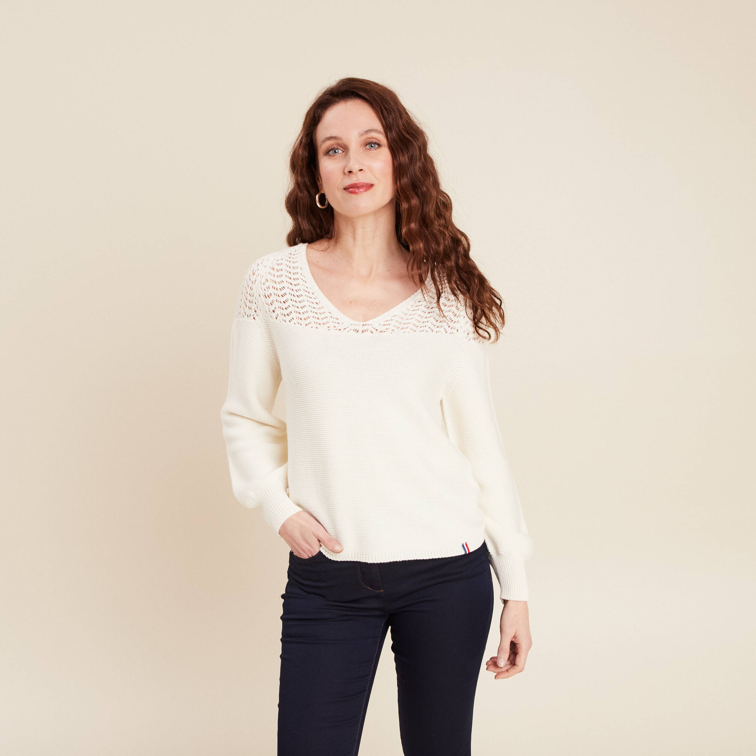Pull confectionné en France ecru femme