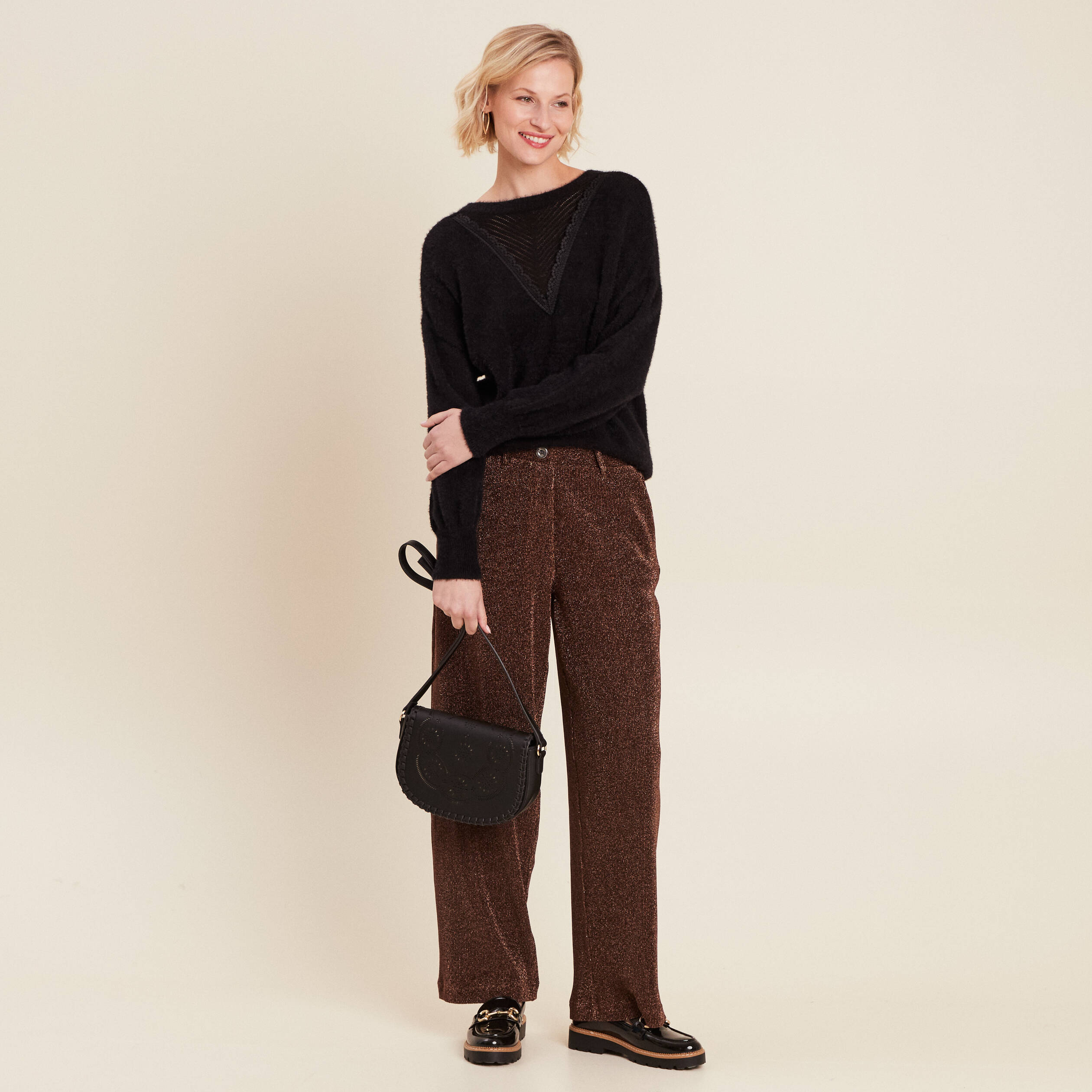 Pantalon flou effet tricoté couleur cuivre femme