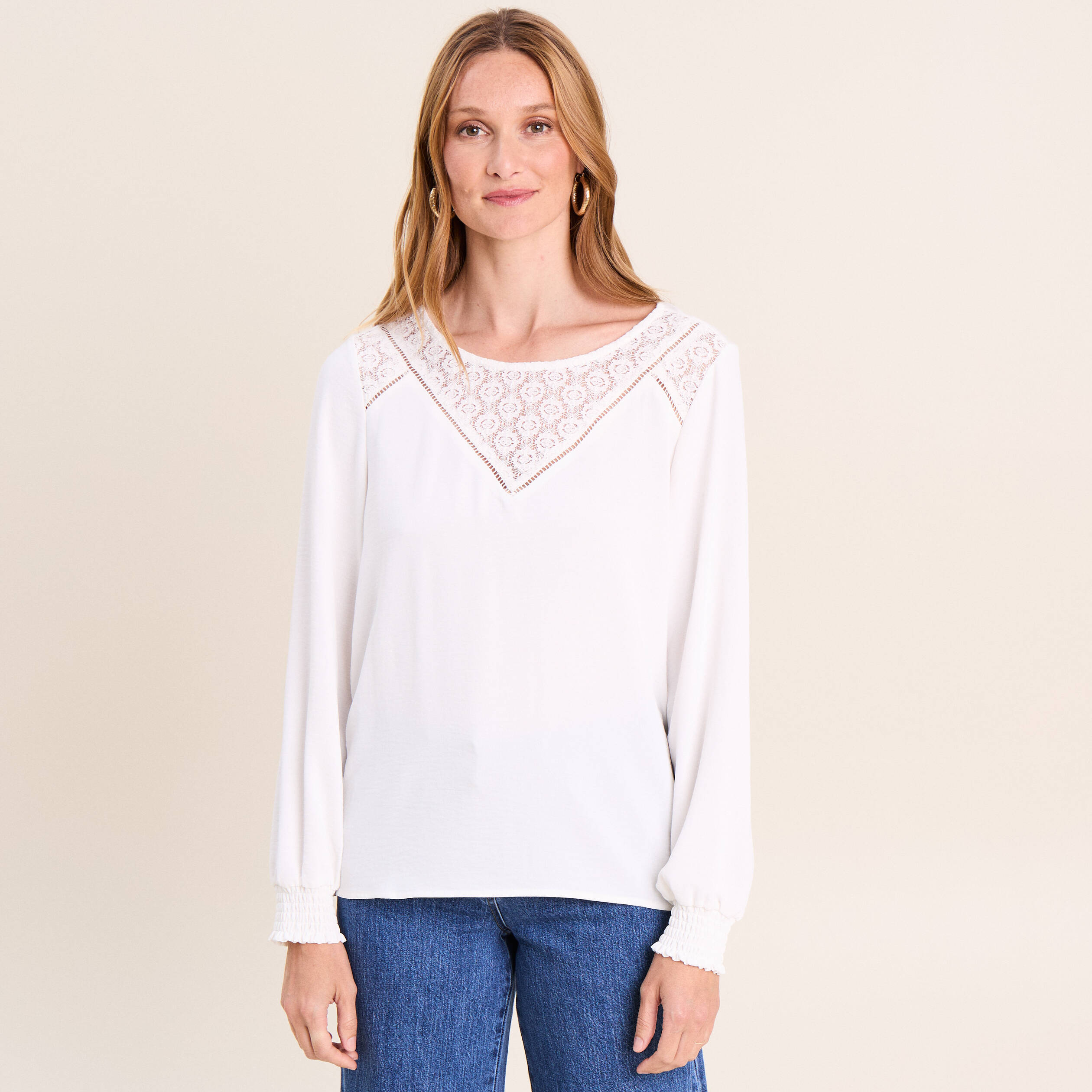 Blouse droite manches longues dentelle ecru femme