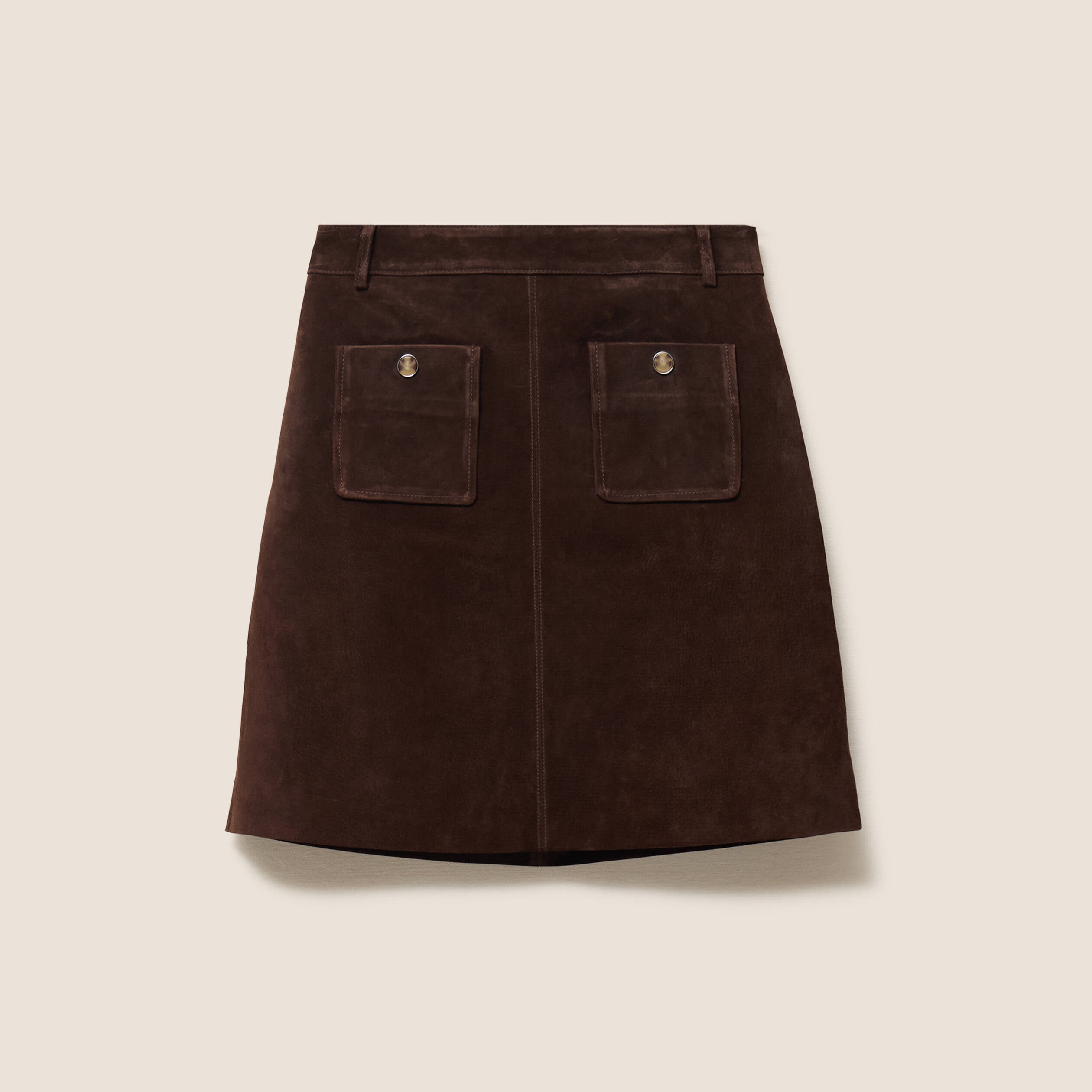Jupe trap&egrave;ze courte en similicuir marron fonc&eacute; femme