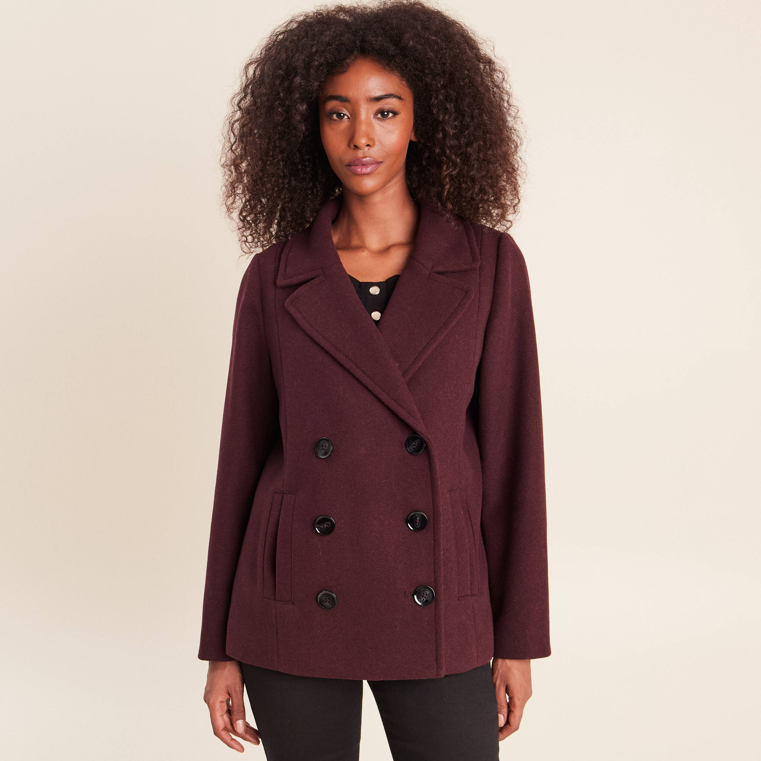 Caban doubl&eacute; avec capuche bordeaux femme