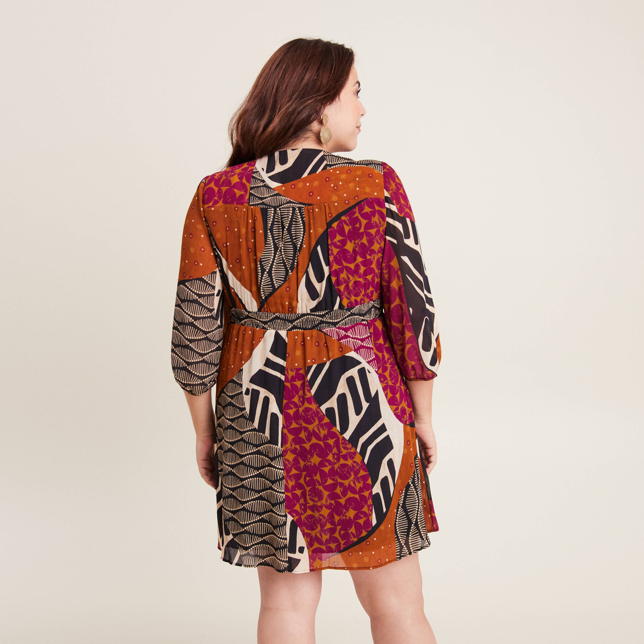 Robe évasée fluide manches 3/4 multicolore femme