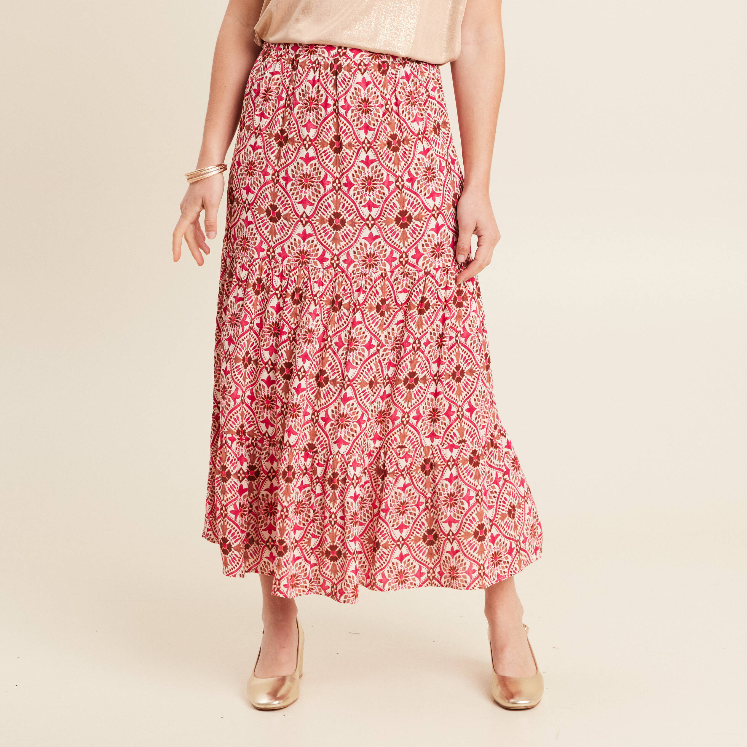 jupe midi droite fluide rose femme Jupe midi droite fluide rose femme