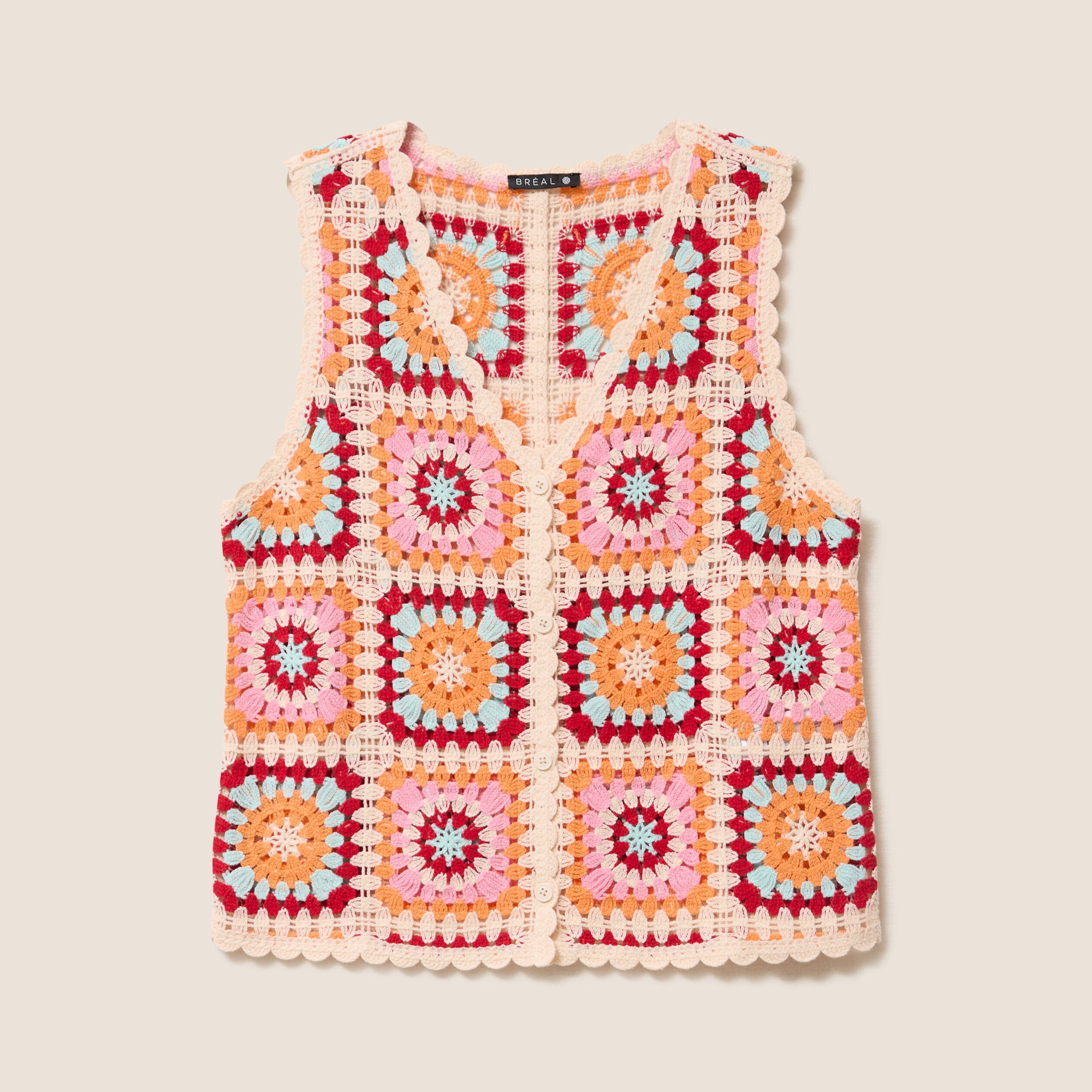 Gilet macram&eacute; col v sans manches ecru femme