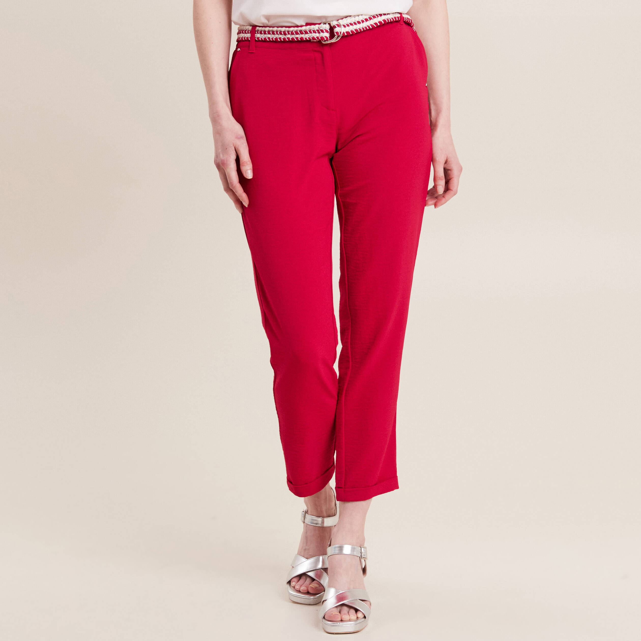 Pantalon chino à ceinture rose cerise femme