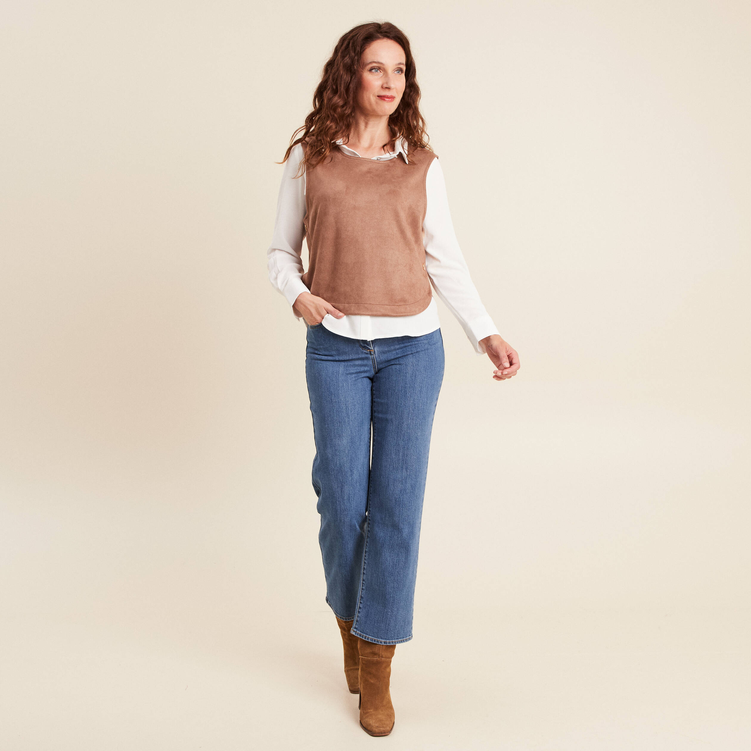 Jean large 7/8ème taille haute denim stone femme