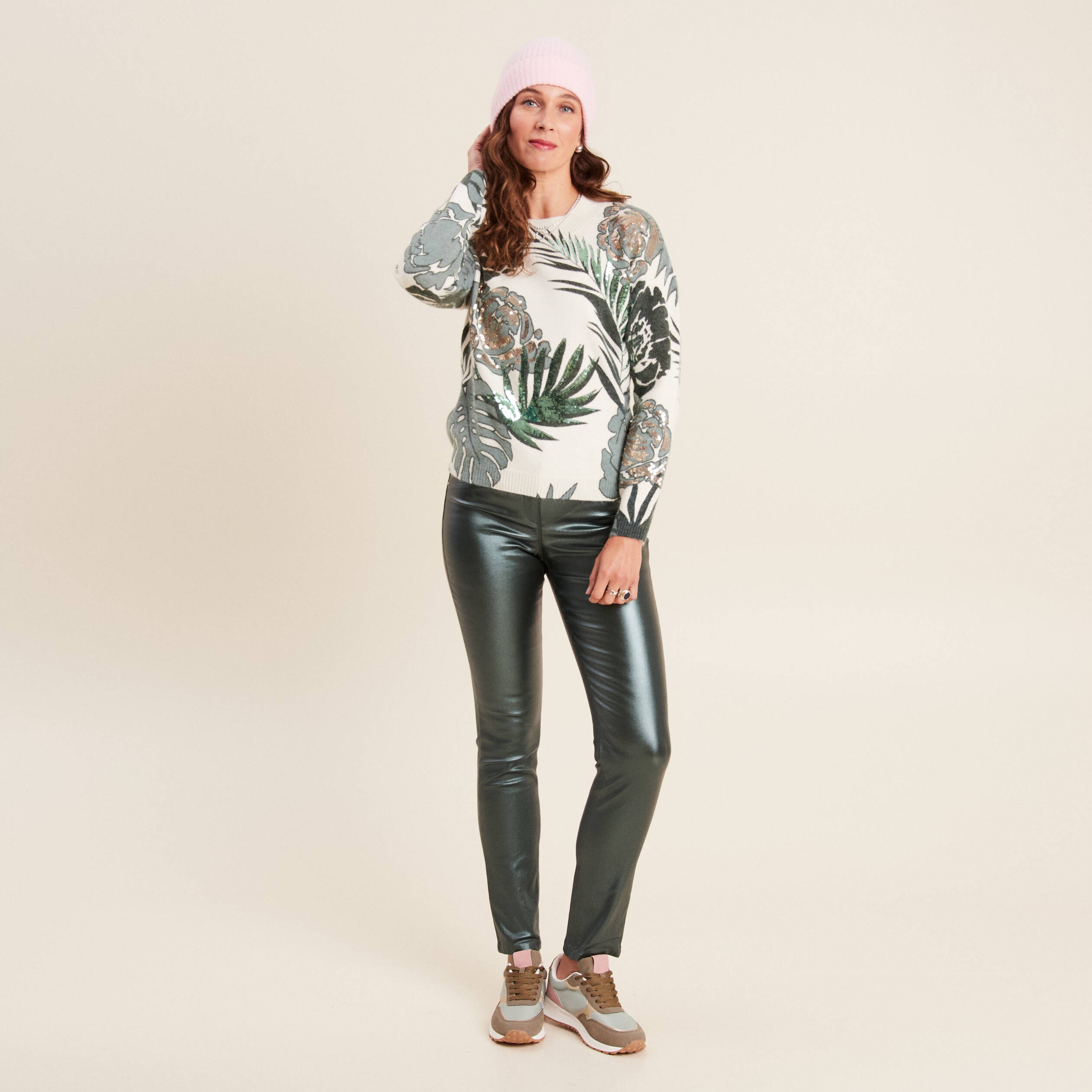 Pantalon ajusté enduit à pont vert foncé femme