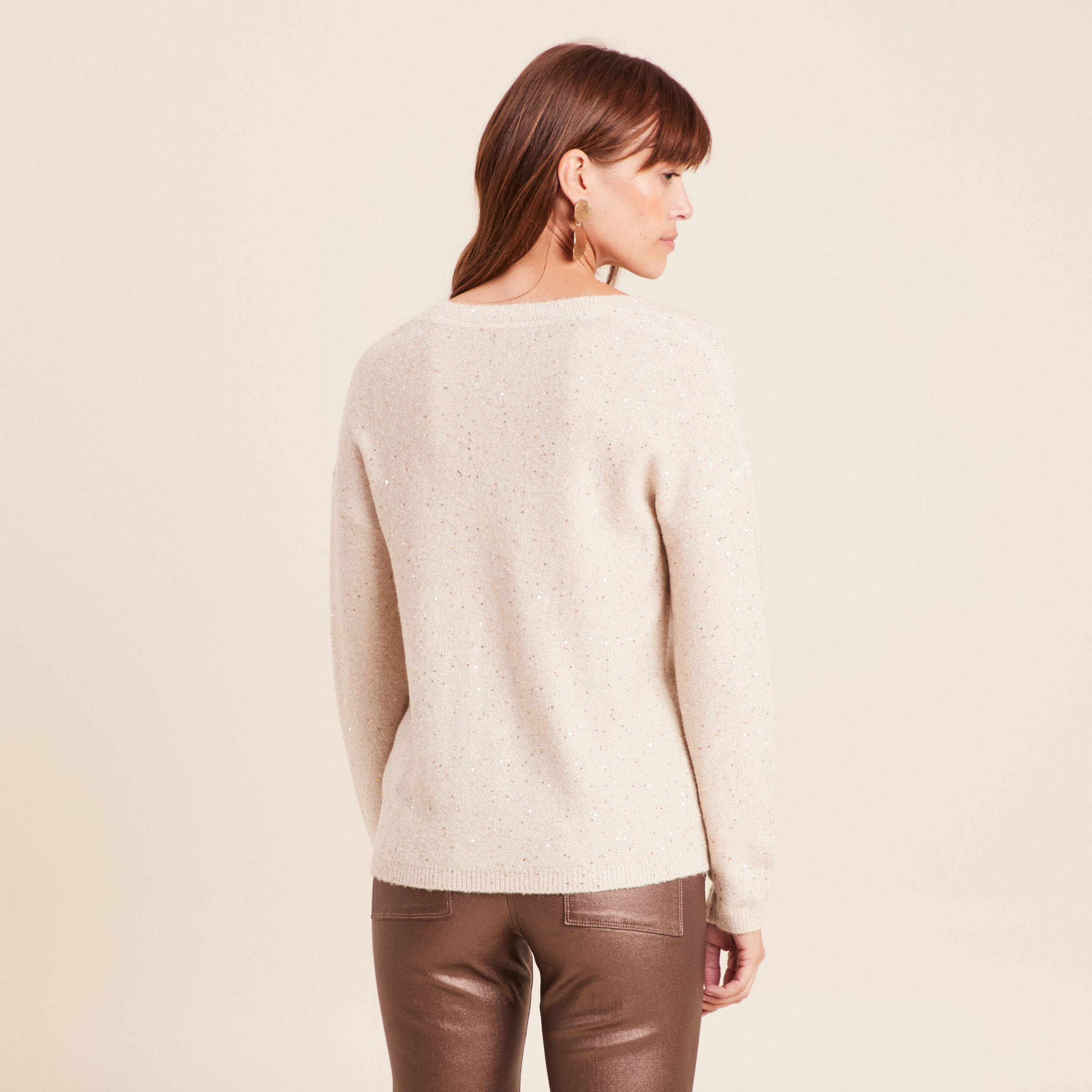 Pull col v manches longues &agrave; sequins couleur or femme