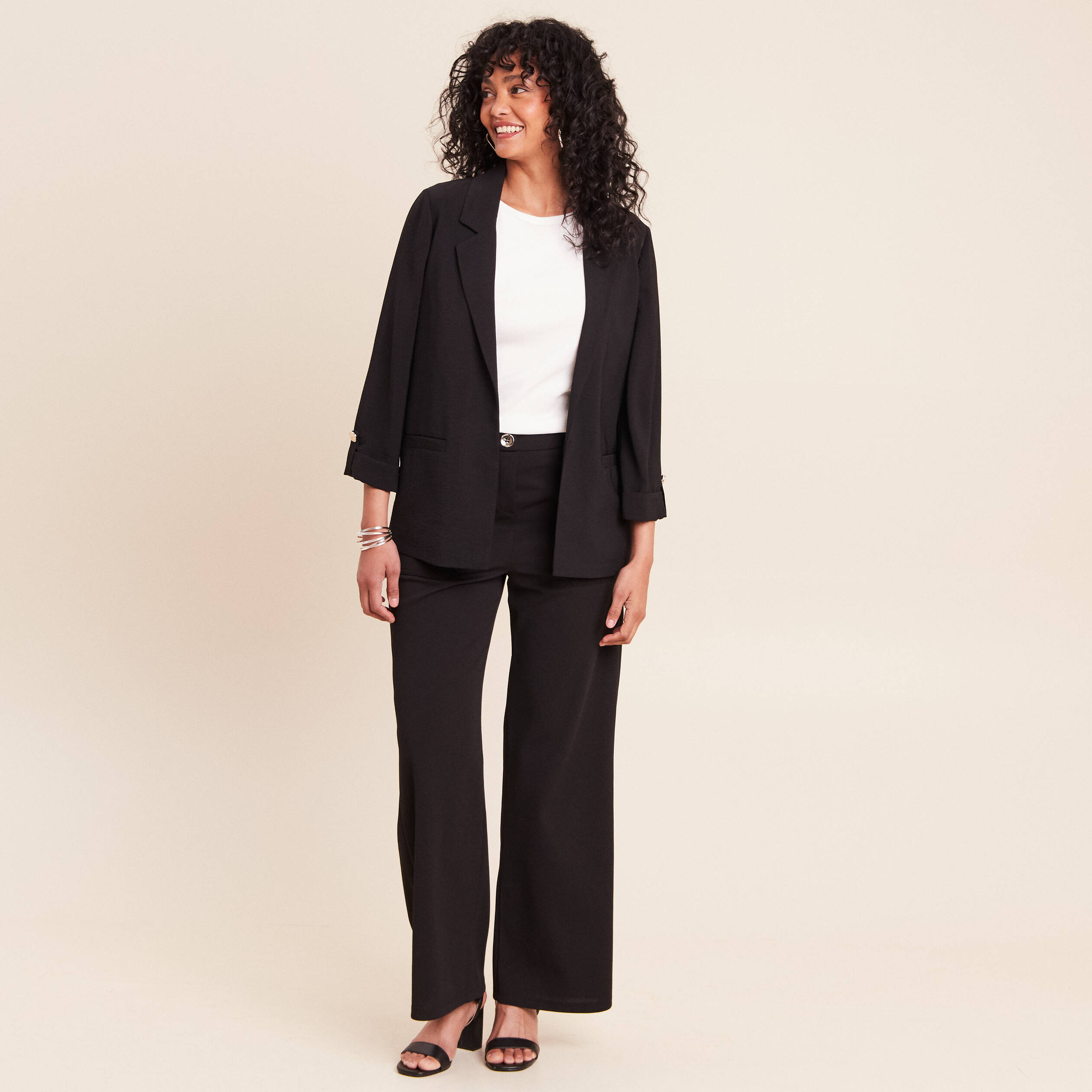 Veste longue droite col tailleur noir femme