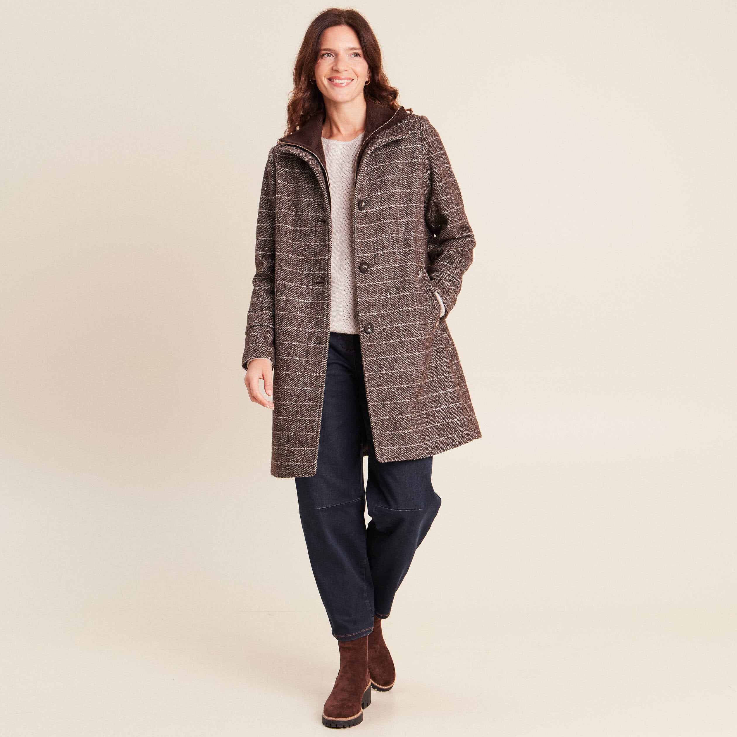 Manteau col montant doubl&eacute; marron femme