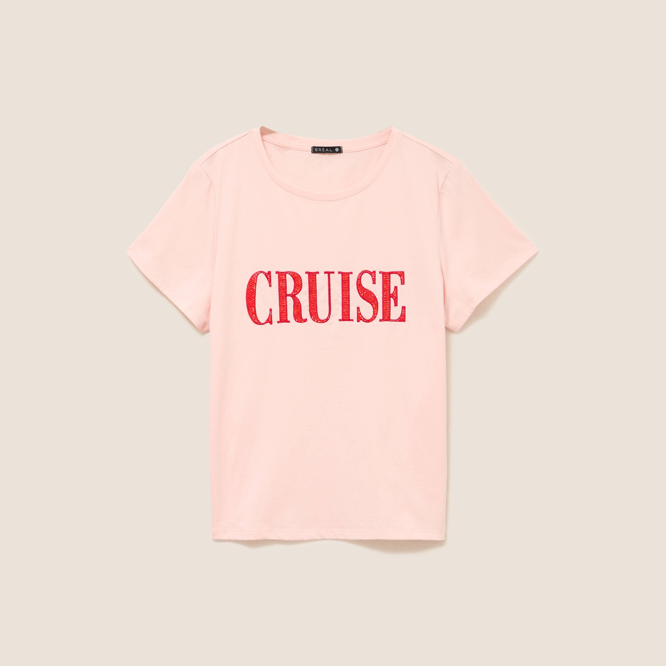 T-shirt col rond manches courtes rose poudr&eacute;e femme