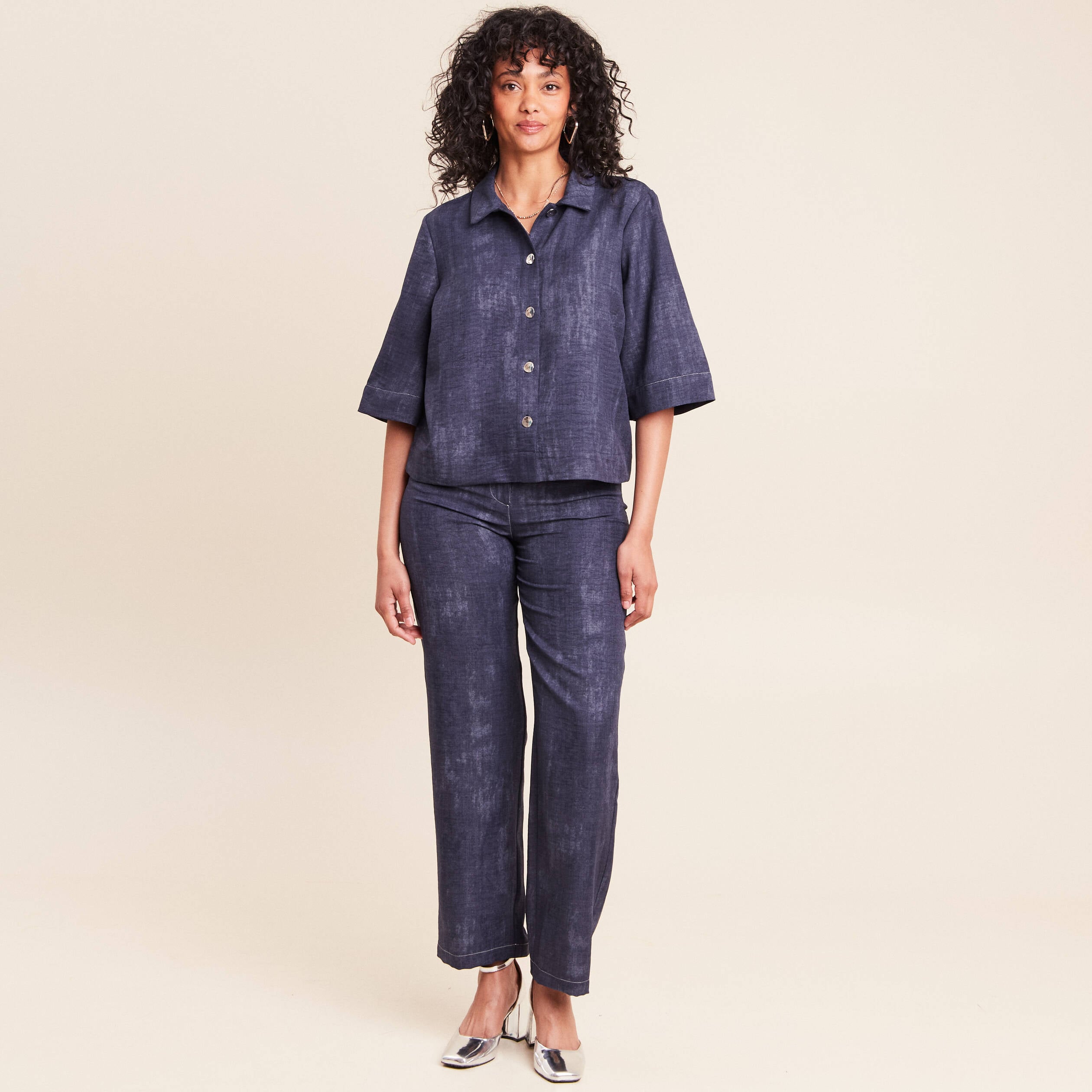 Chemise col chemise manches 3/4 bleu femme