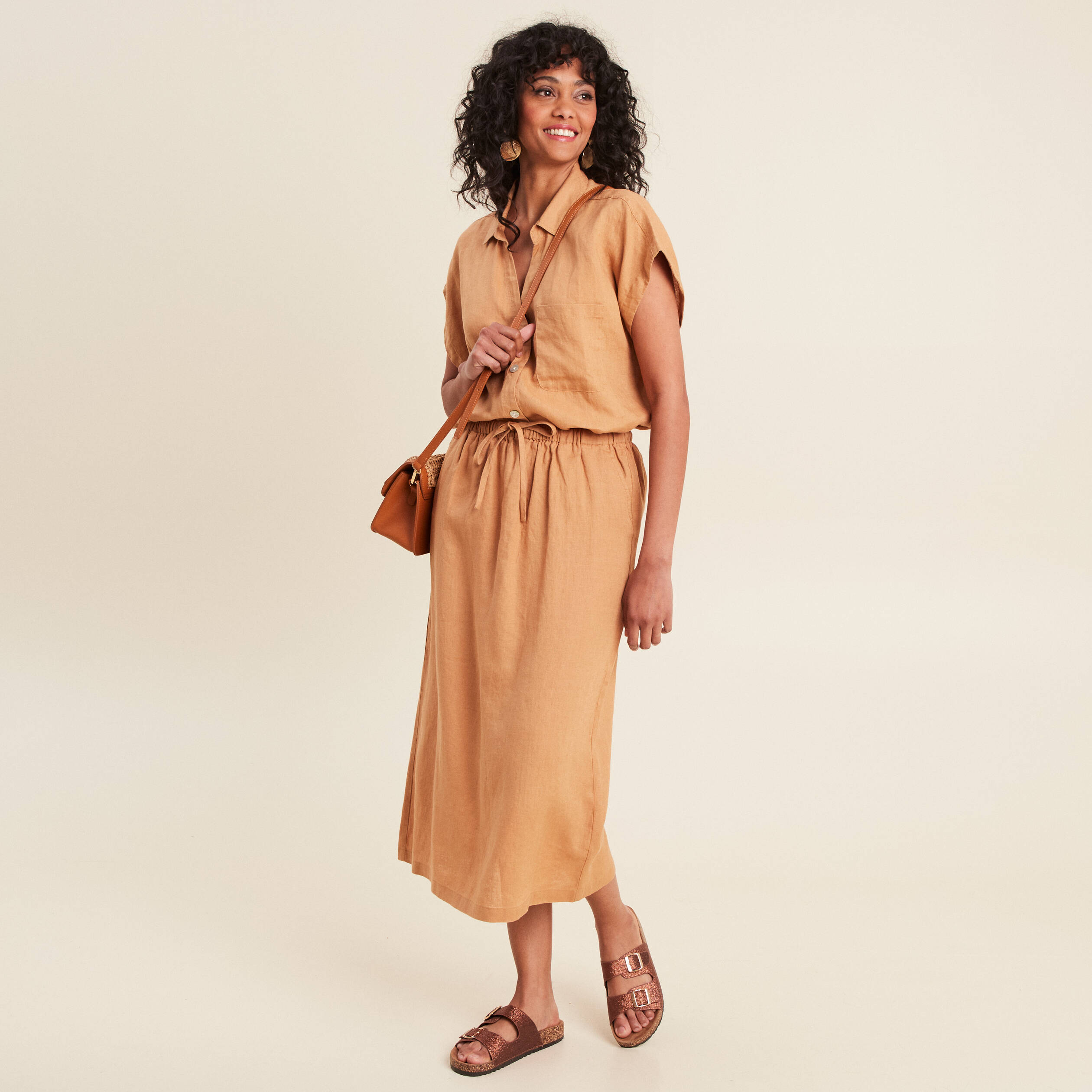 Jupe longue trapèze beige femme