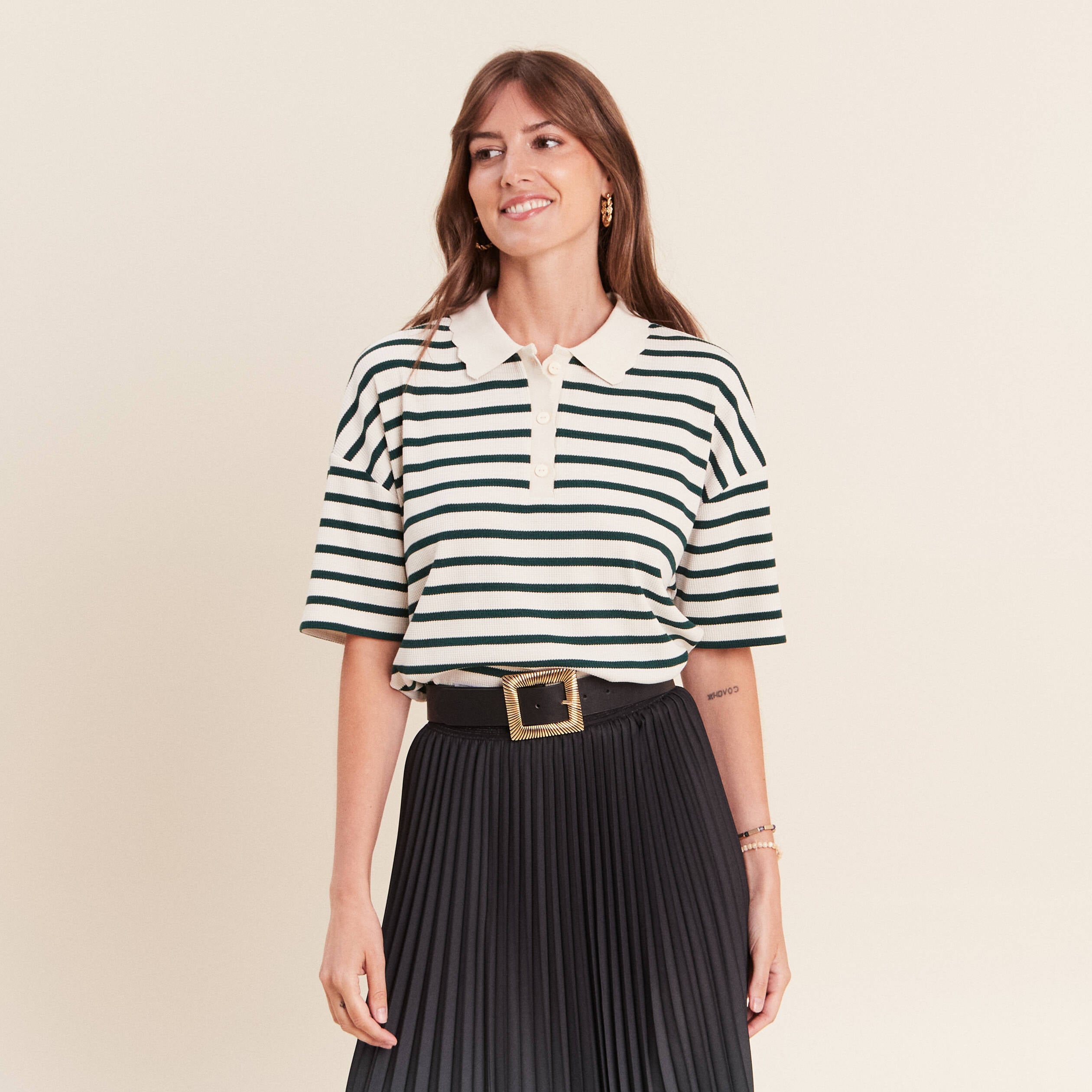Polo ample col chemise vert femme