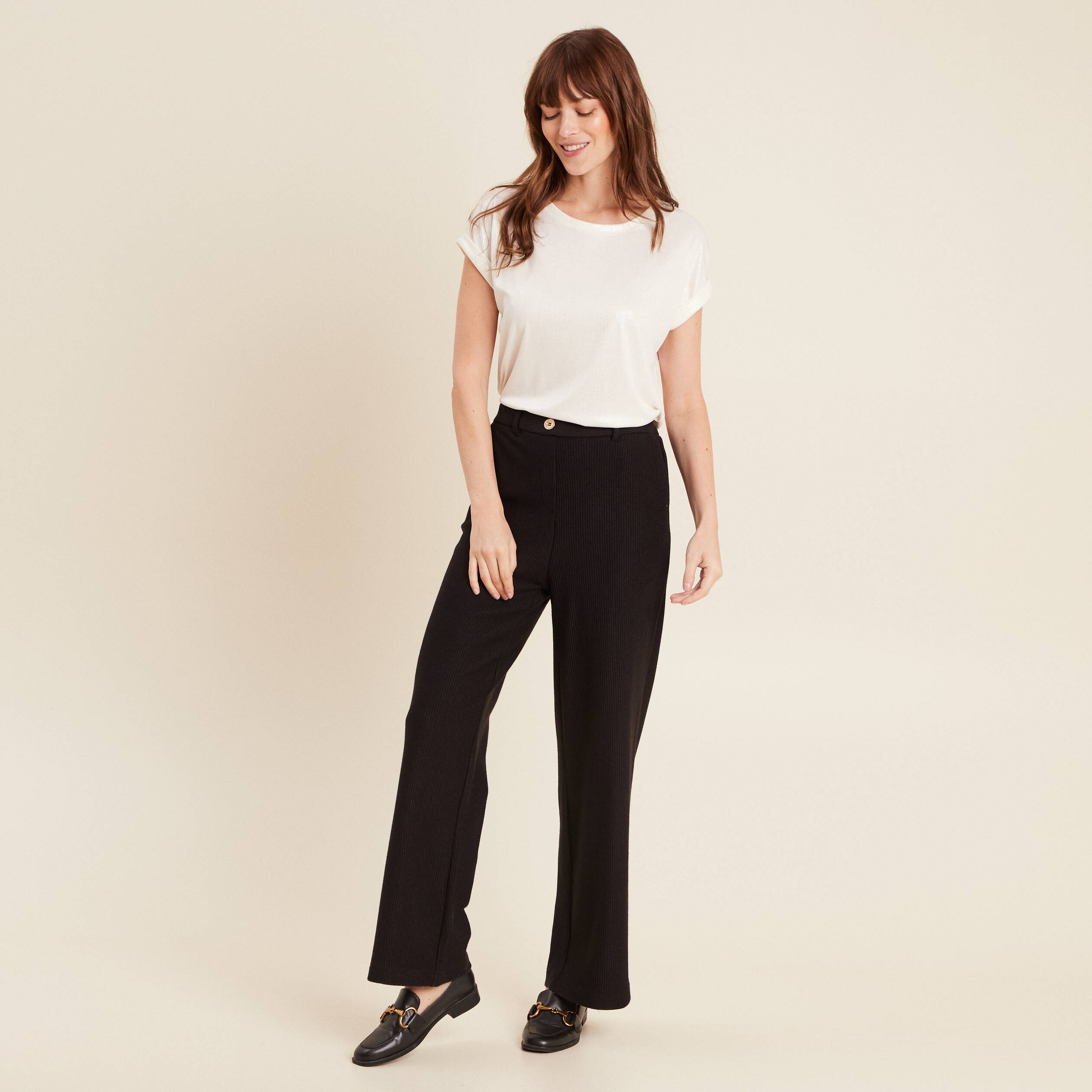 Pantalon tricot large noir femme