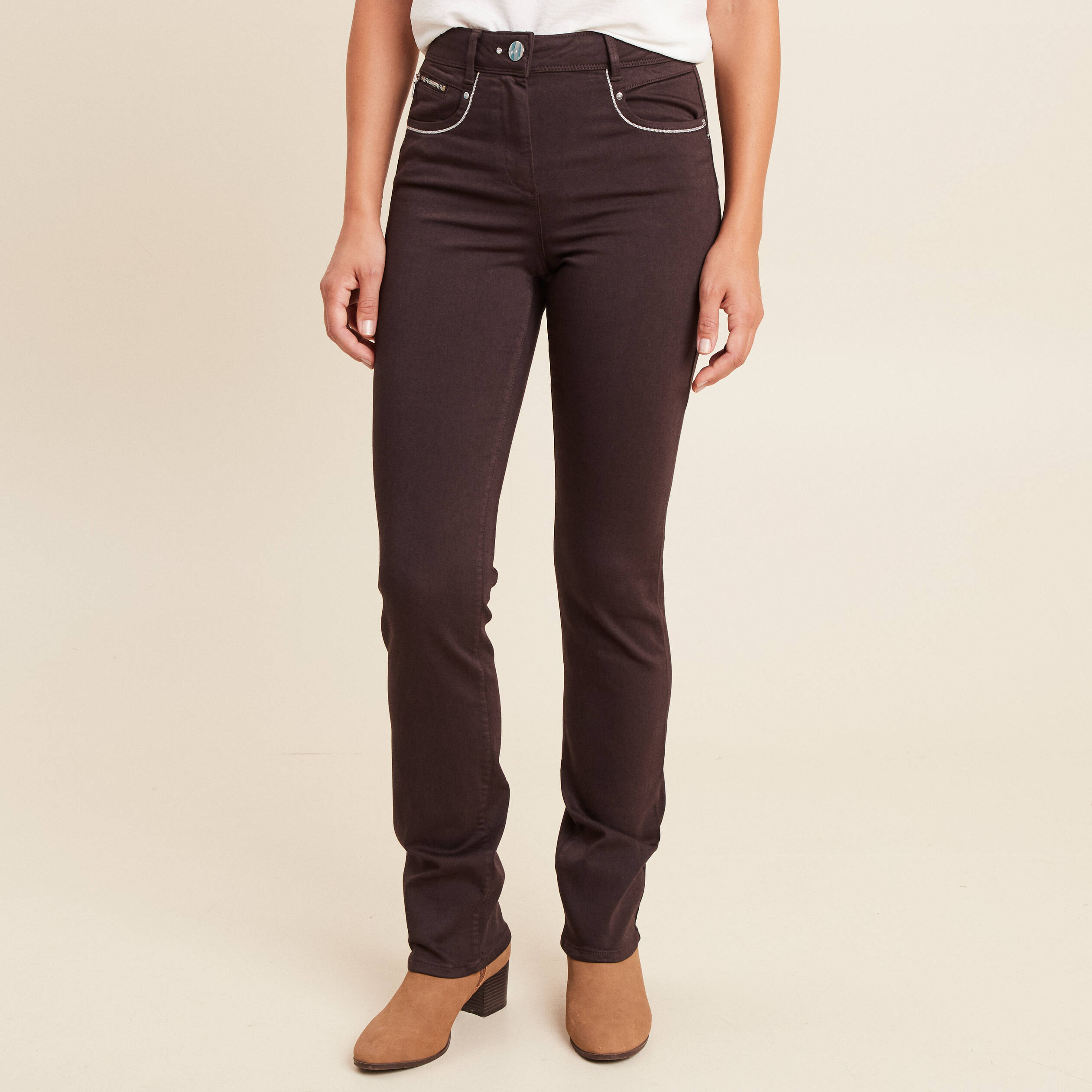 Pantalon droit taille haute marron fonc&eacute; femme
