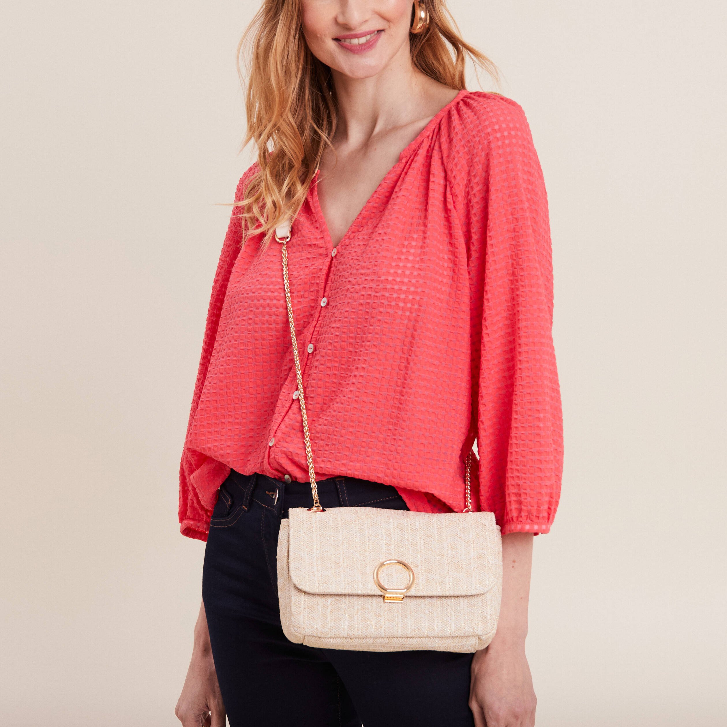 Sac raphia bandoulière chaîne ecru femme