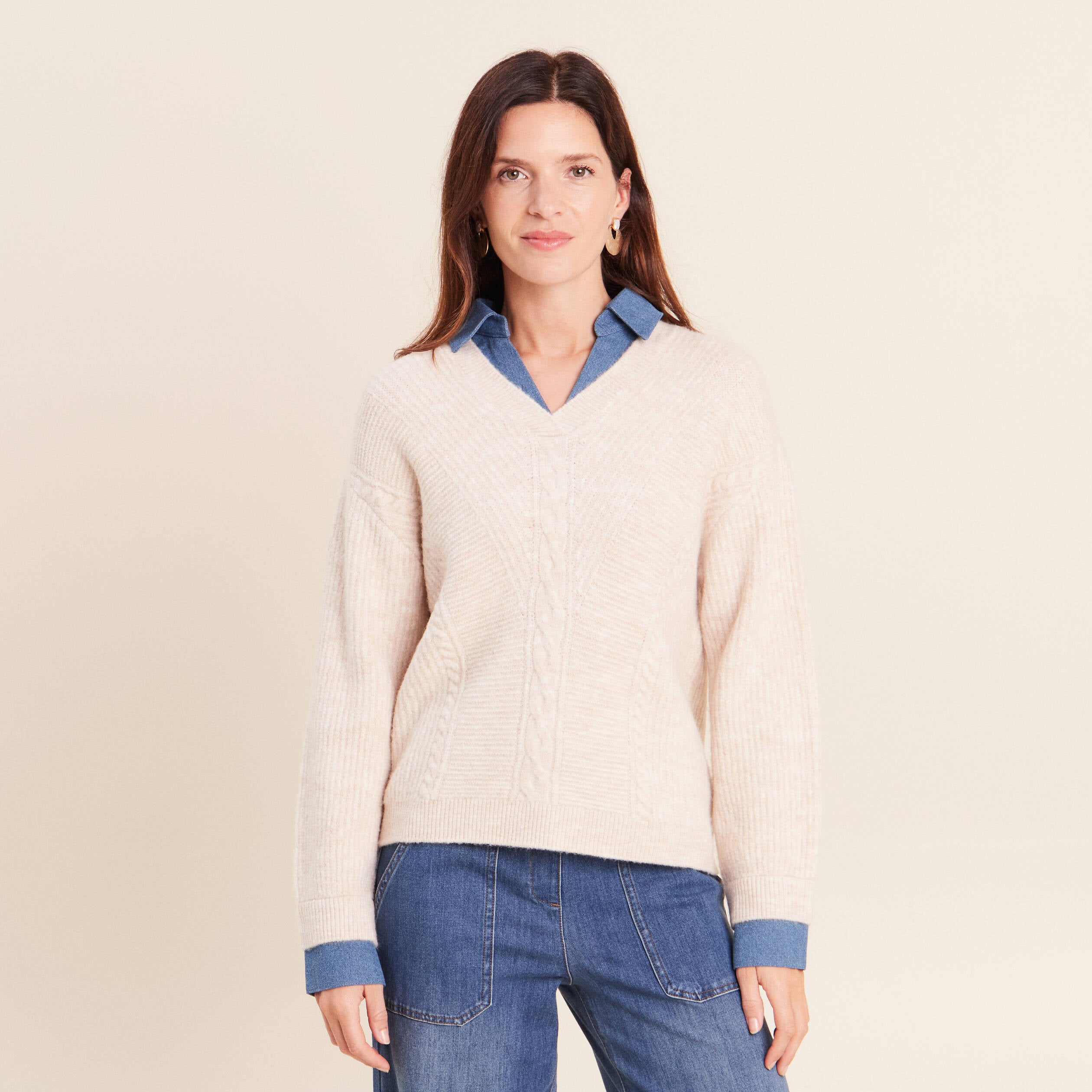 Pull bi-mati&egrave;re col chemise ecru femme