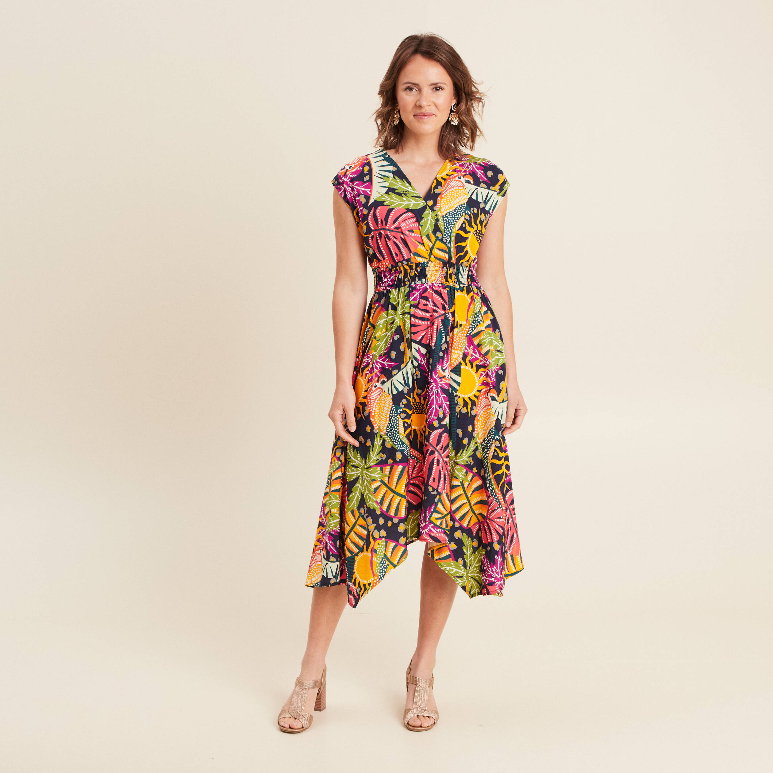 Robe longue évasée sans manches multicolore femme