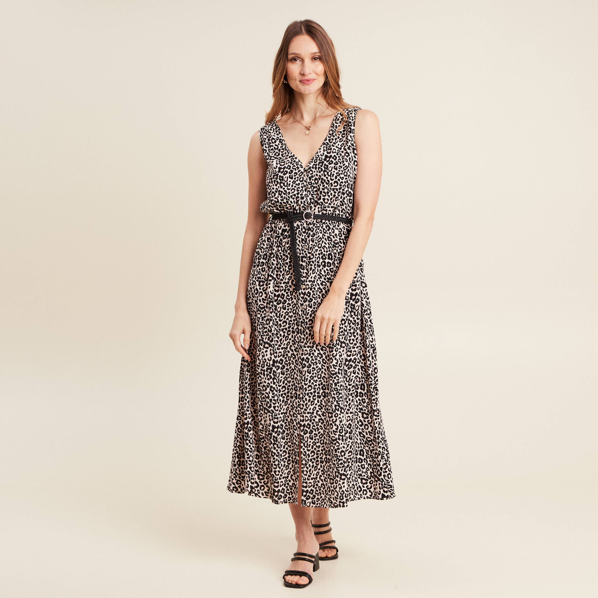 Robe midi évasée ceinturée rose pastel femme