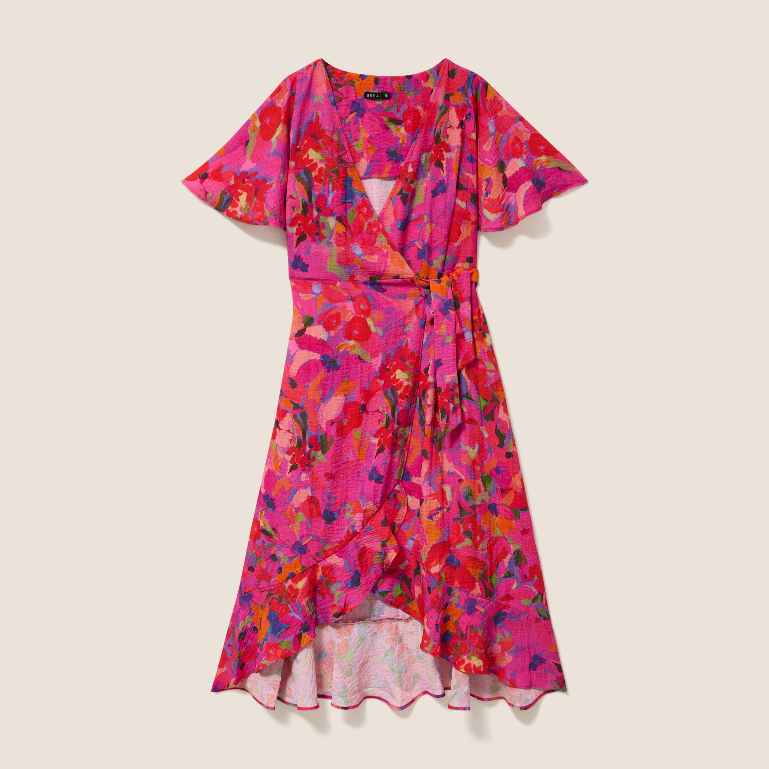 Robe courte &eacute;vas&eacute;e col v manches courtes rose femme