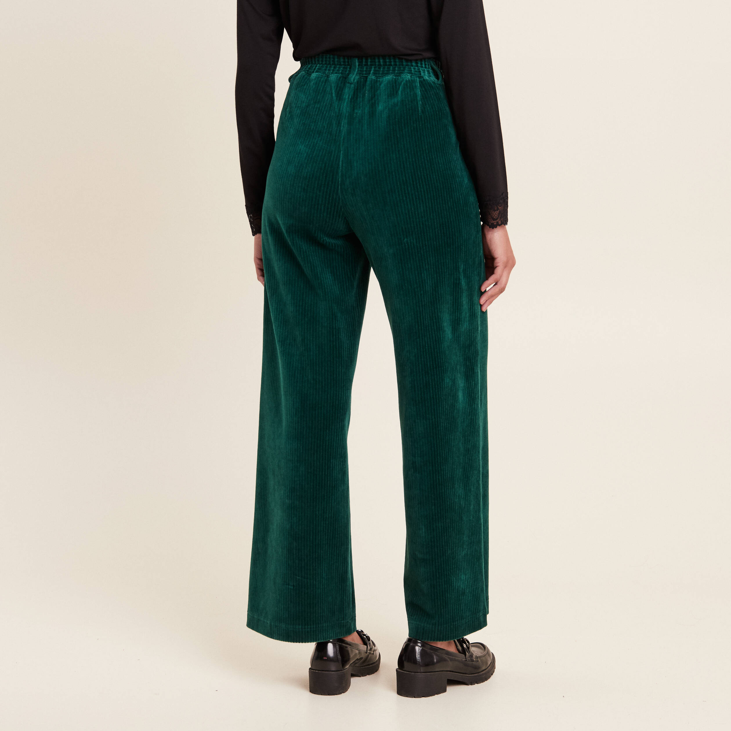 Pantalon large velours vert foncé femme