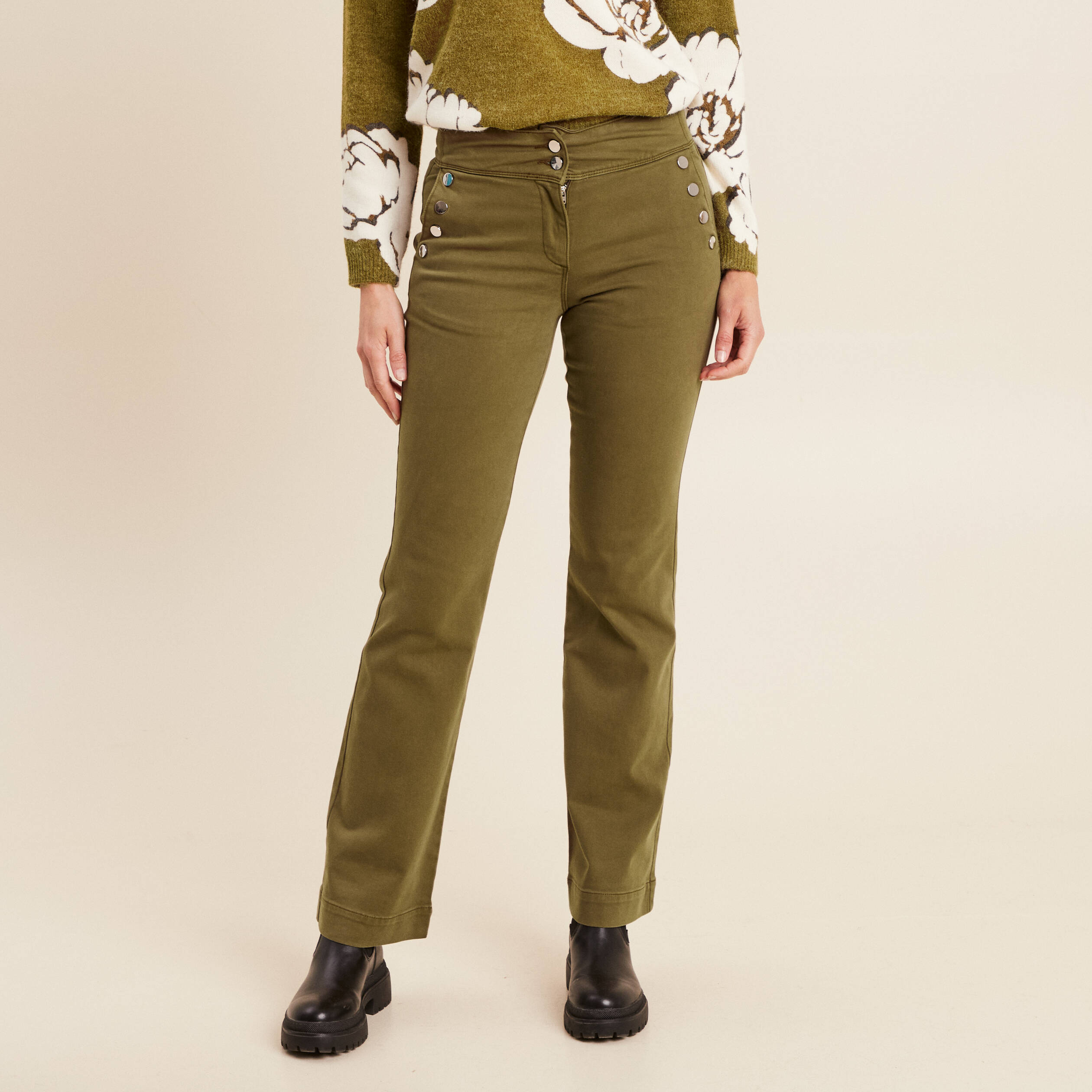 Pantalon coupe bootcut &agrave; pont vert olive femme