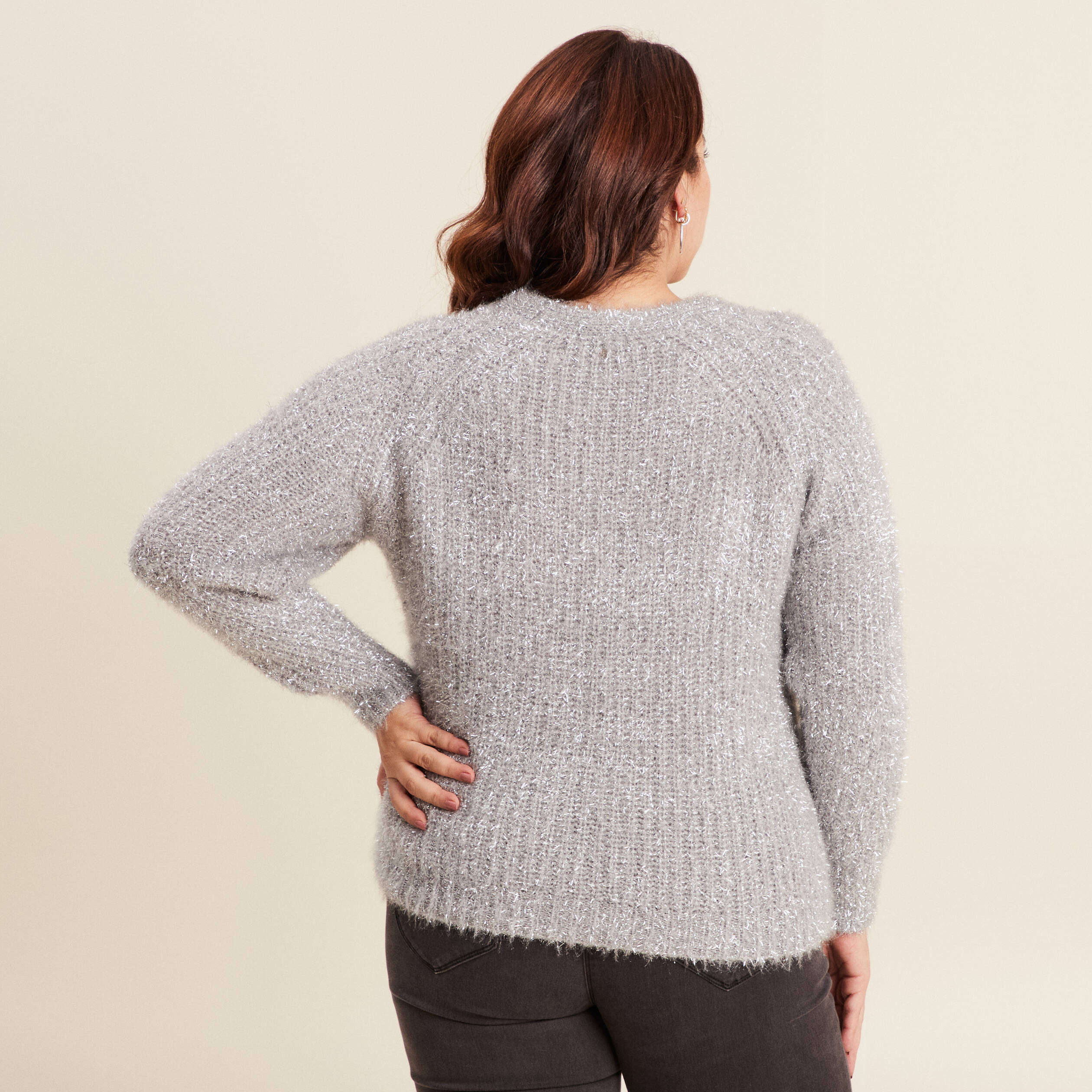 Pull manches longues col en V gris argent femme