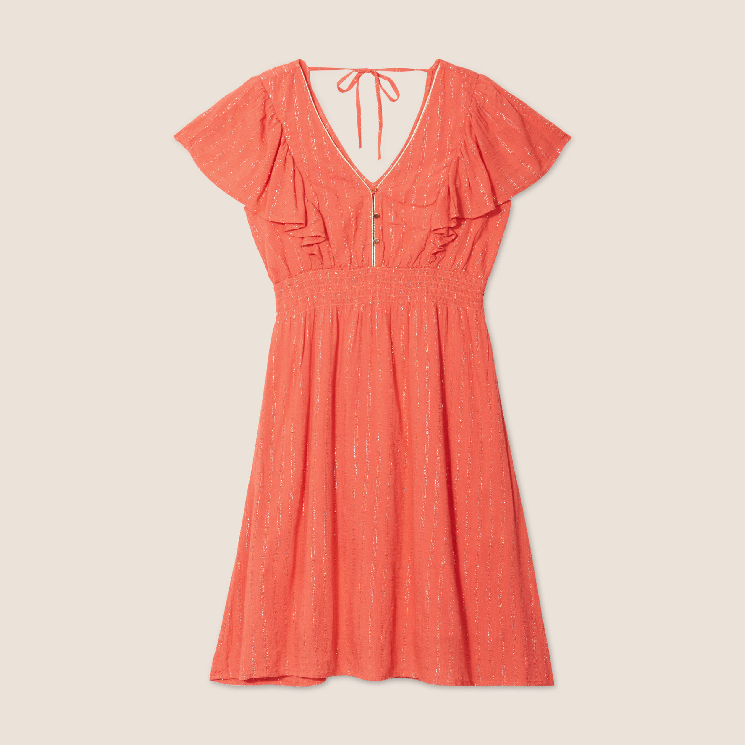 Robe droite fluide smockée orange clair femme