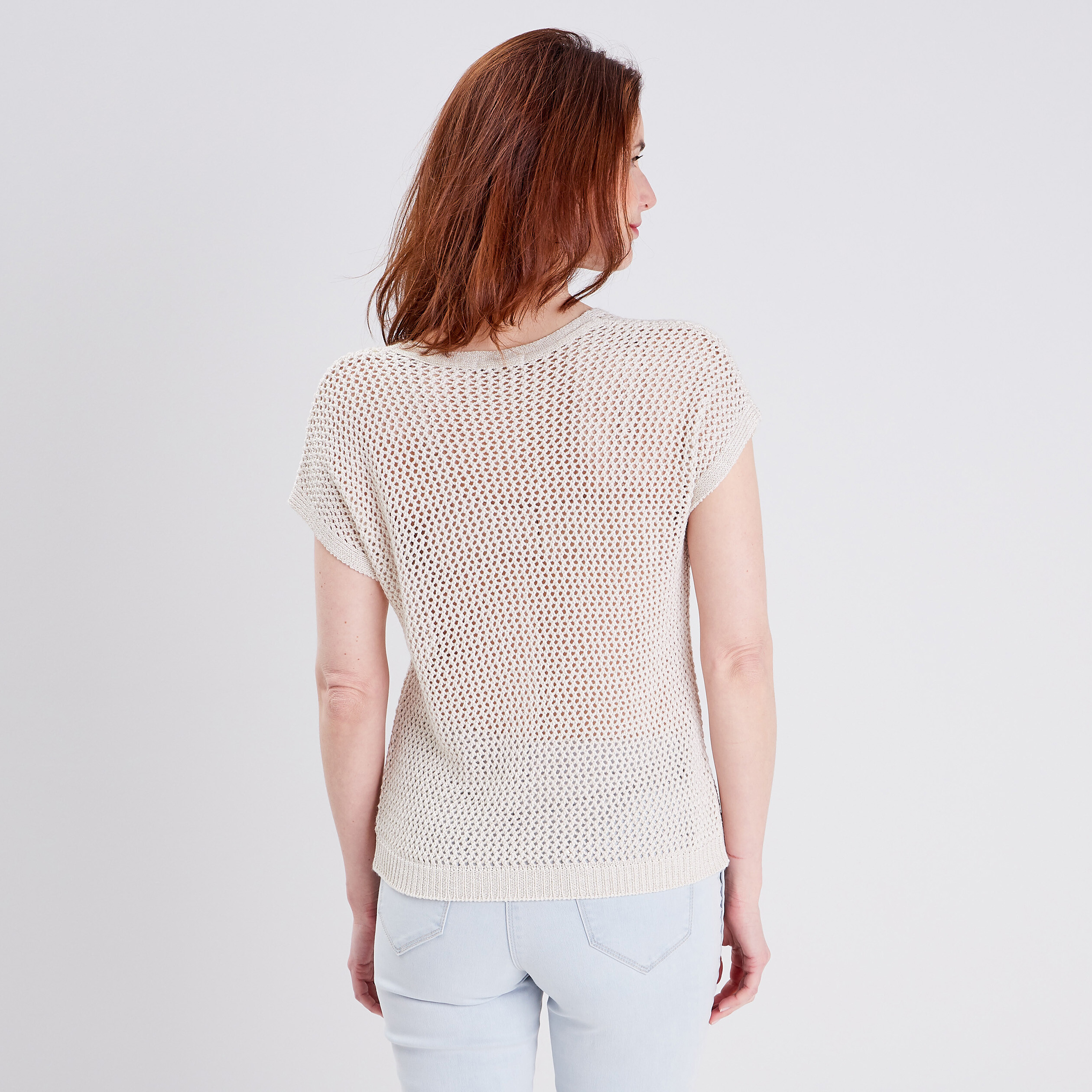 Pull manches courtes ajouré ecru femme