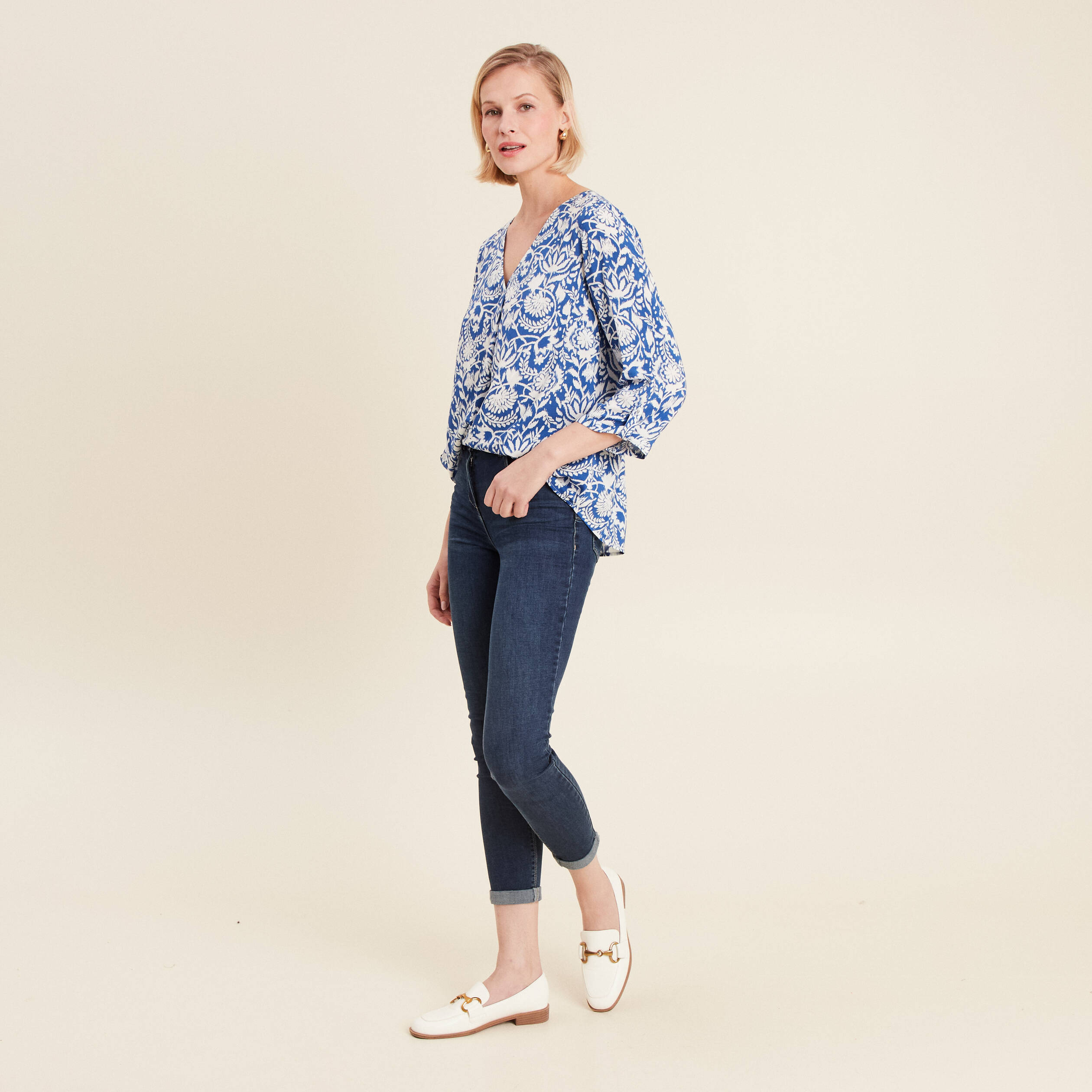 Blouse manches 3/4 bleu femme
