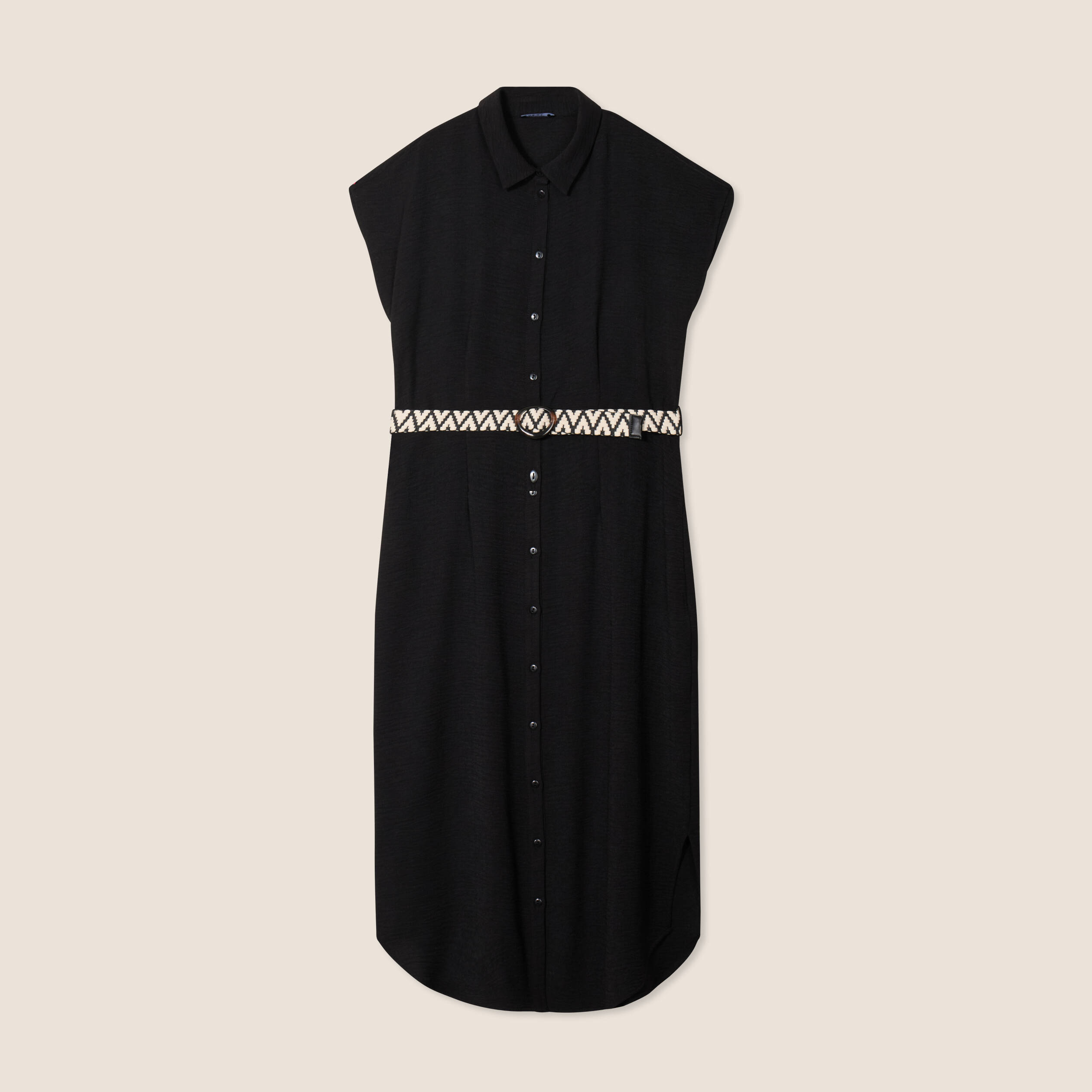 Robe chemise droite ceinturée noir femme