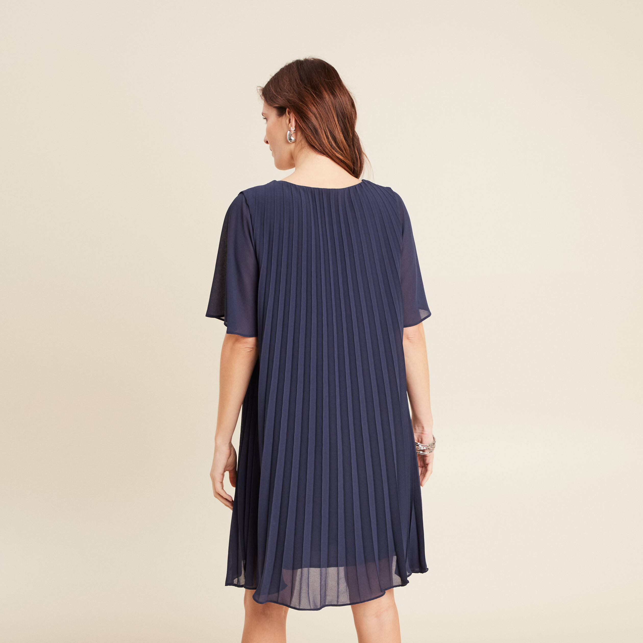 Robe droite plissée bleu marine femme