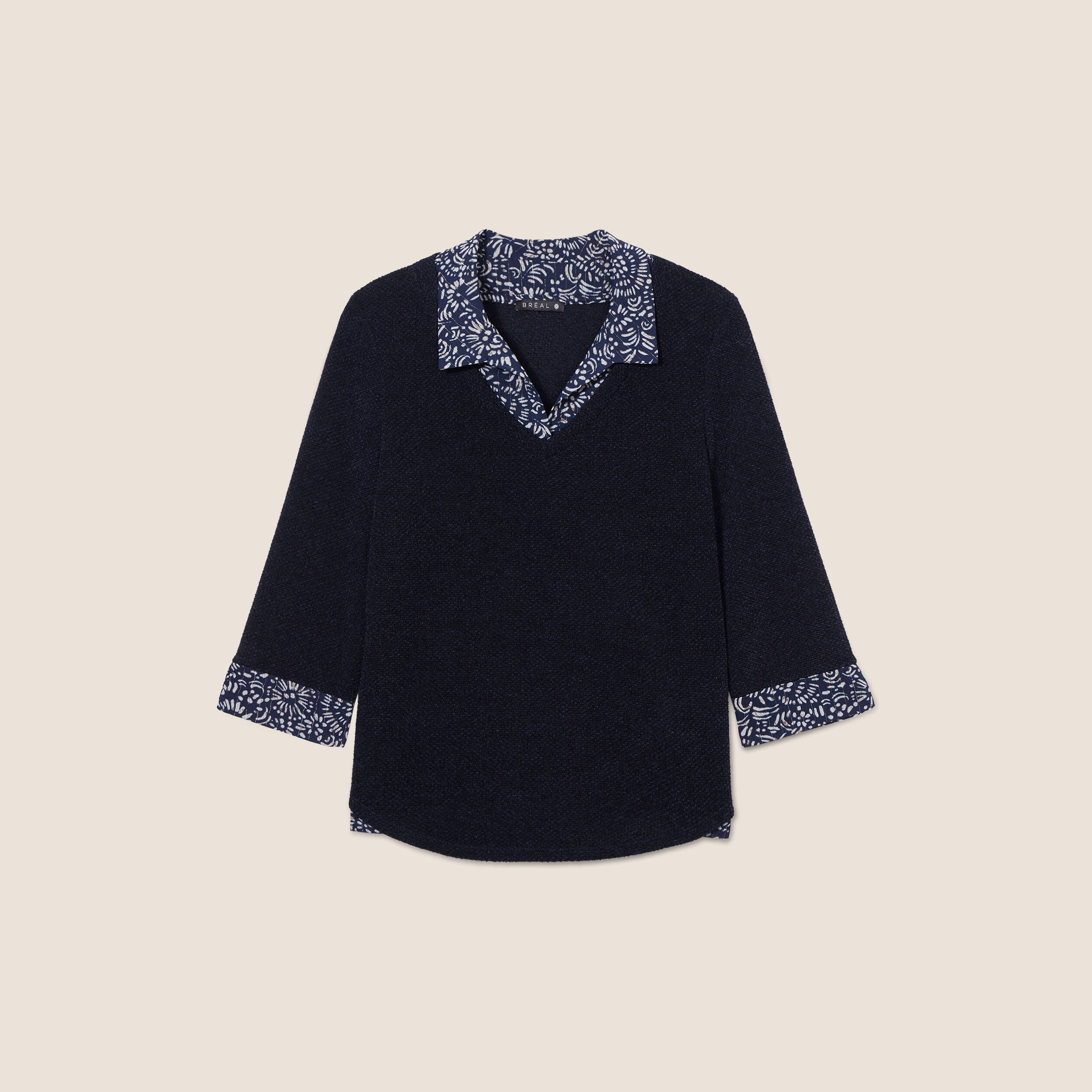 T-shirt manches 3/4 2-en-1 bleu marine femme