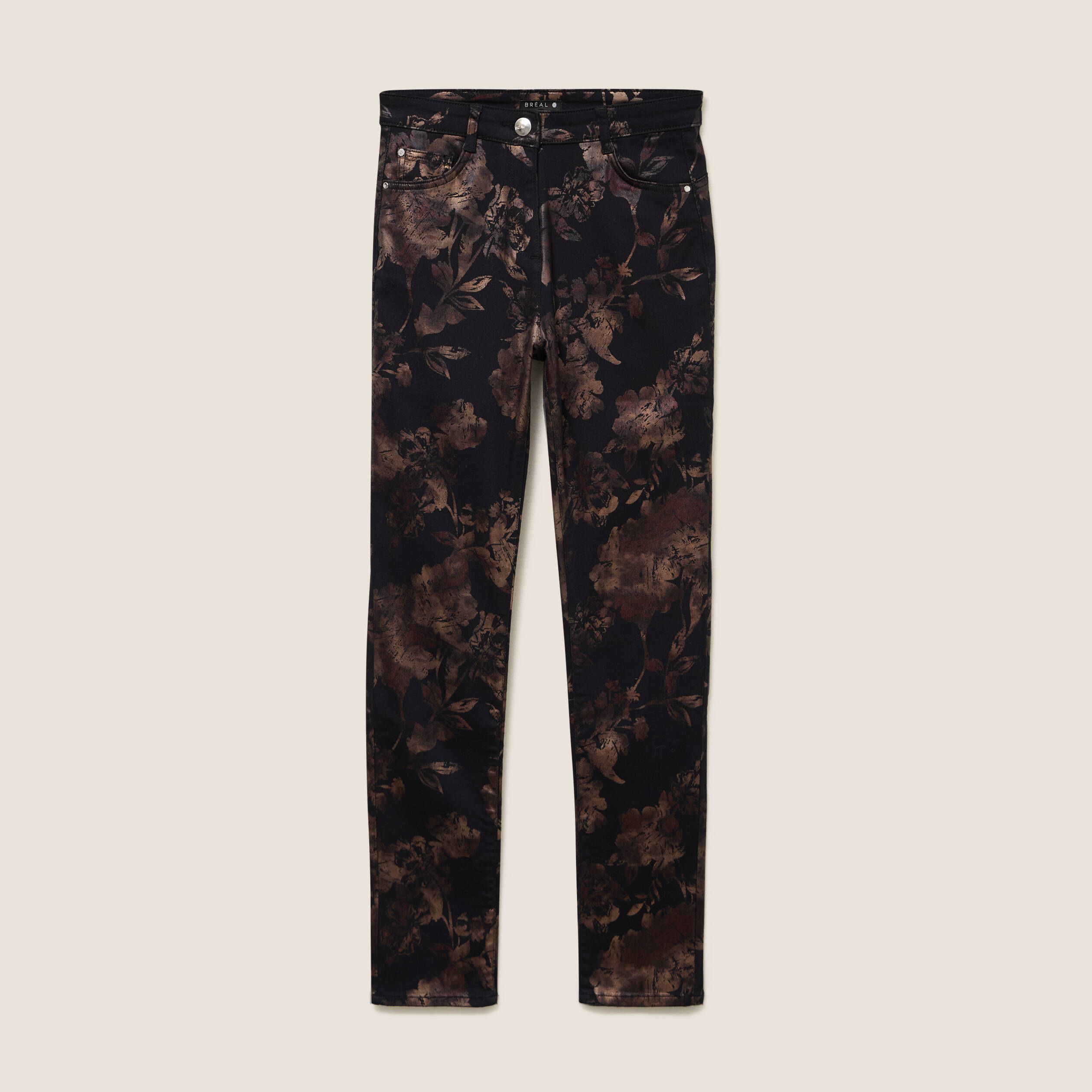 Pantalon ajust&eacute; taille haute denim noir enduit femme