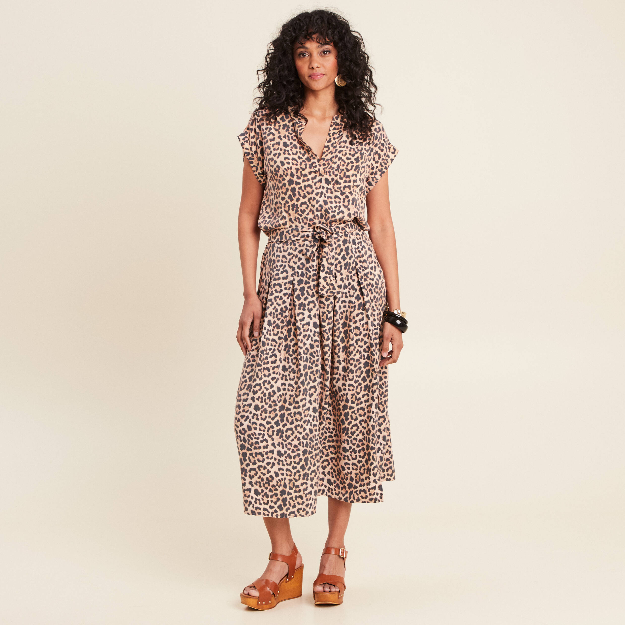 Jupe midi évasée plissée sable femme
