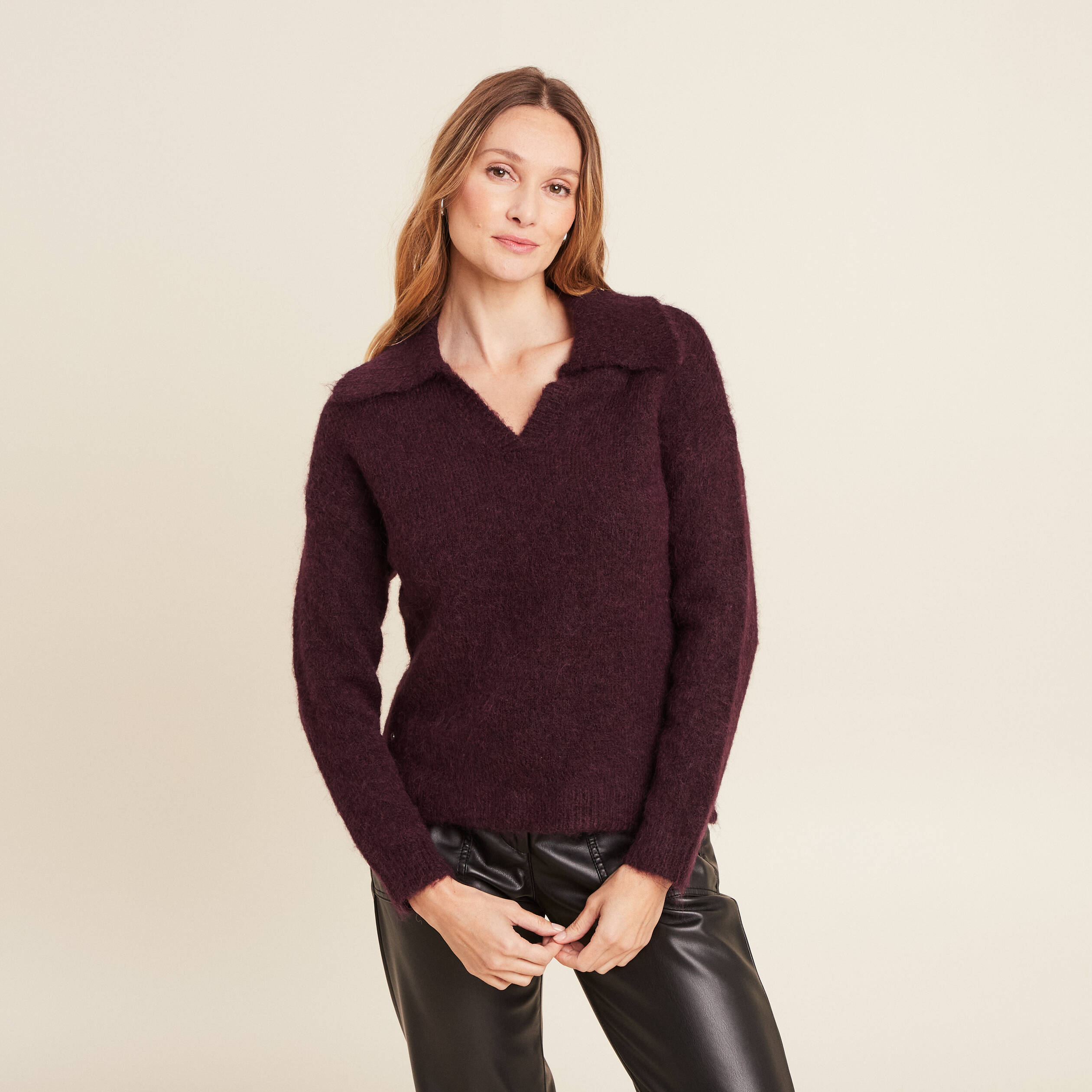pull manches longues col polo bordeaux femme Pull manches longues col polo bordeaux femme