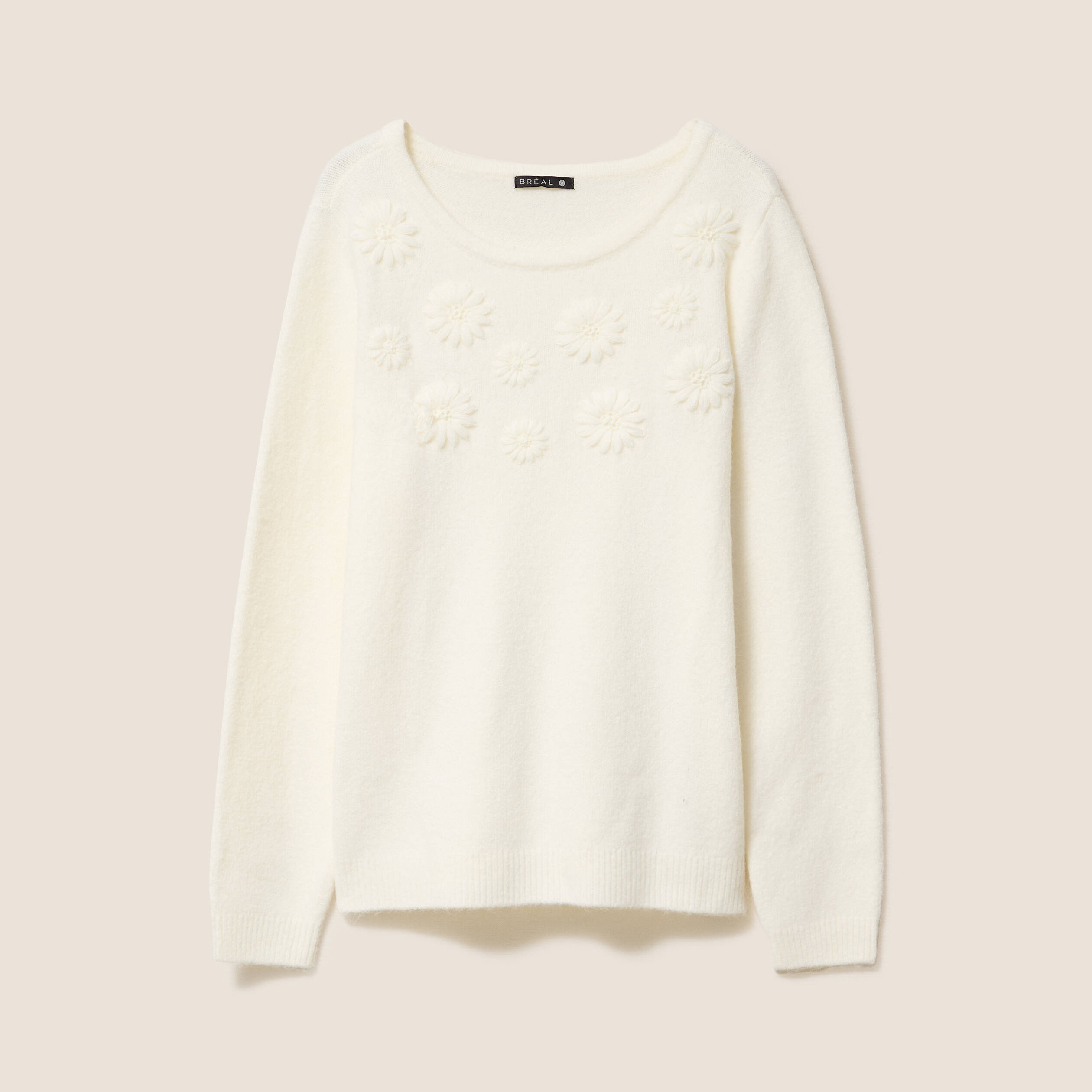 Pull brod&eacute; col rond manches longues ecru femme