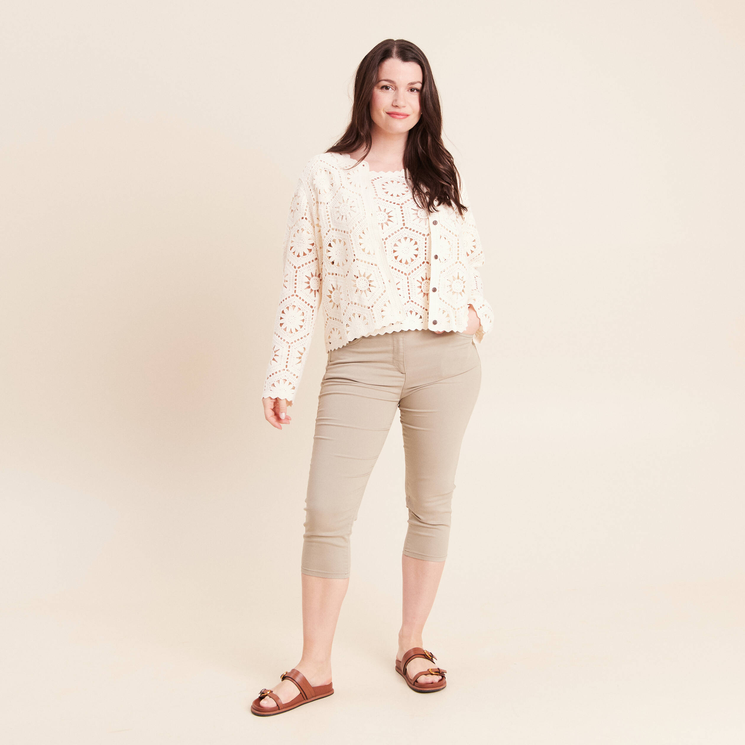 Pull col rond manches courtes dentelle ecru femme