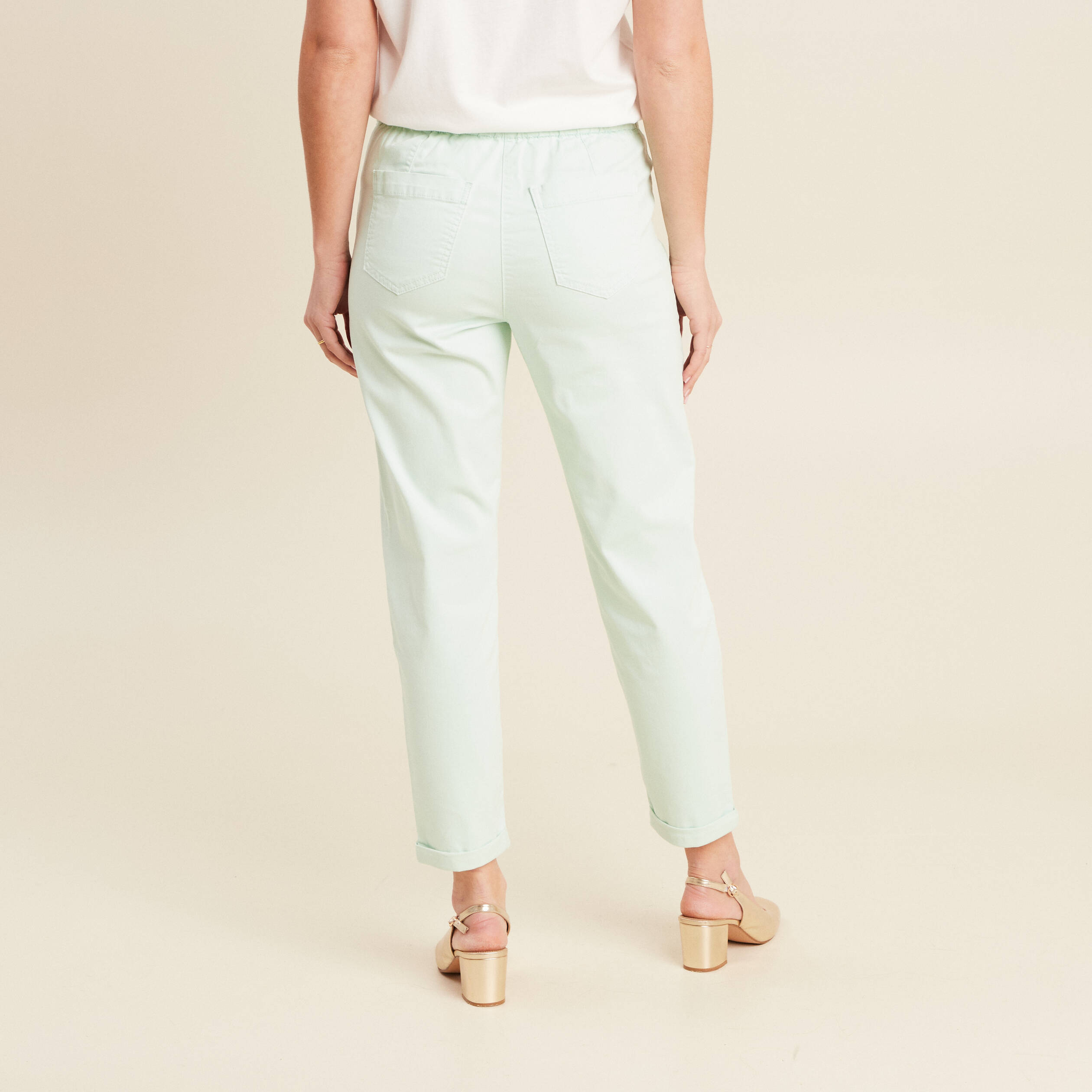 Pantalon coupe droite à coulisse vert clair femme