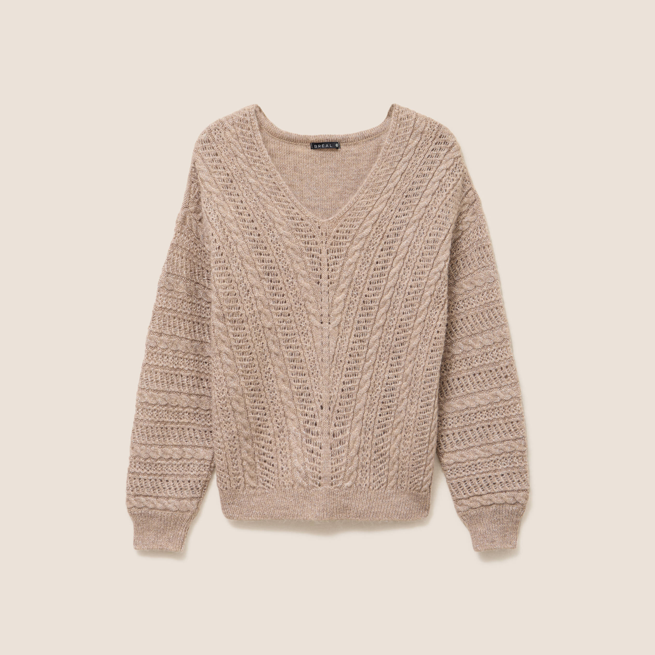 Pull col V manches longues taupe femme