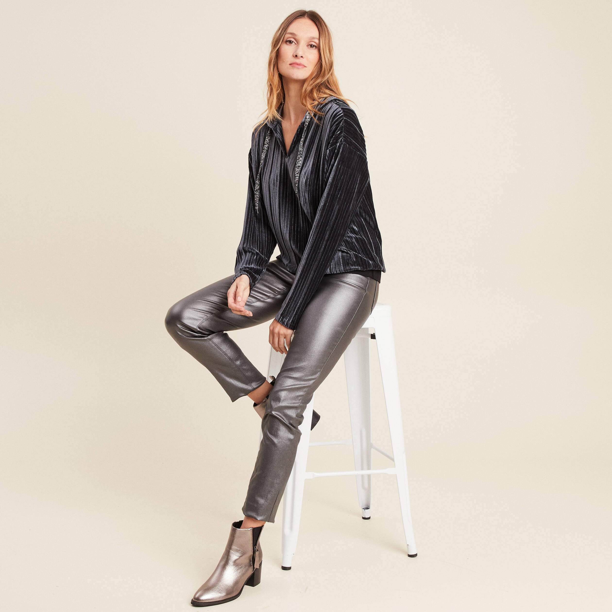 Sweat manches longues pliss&eacute; gris argent femme
