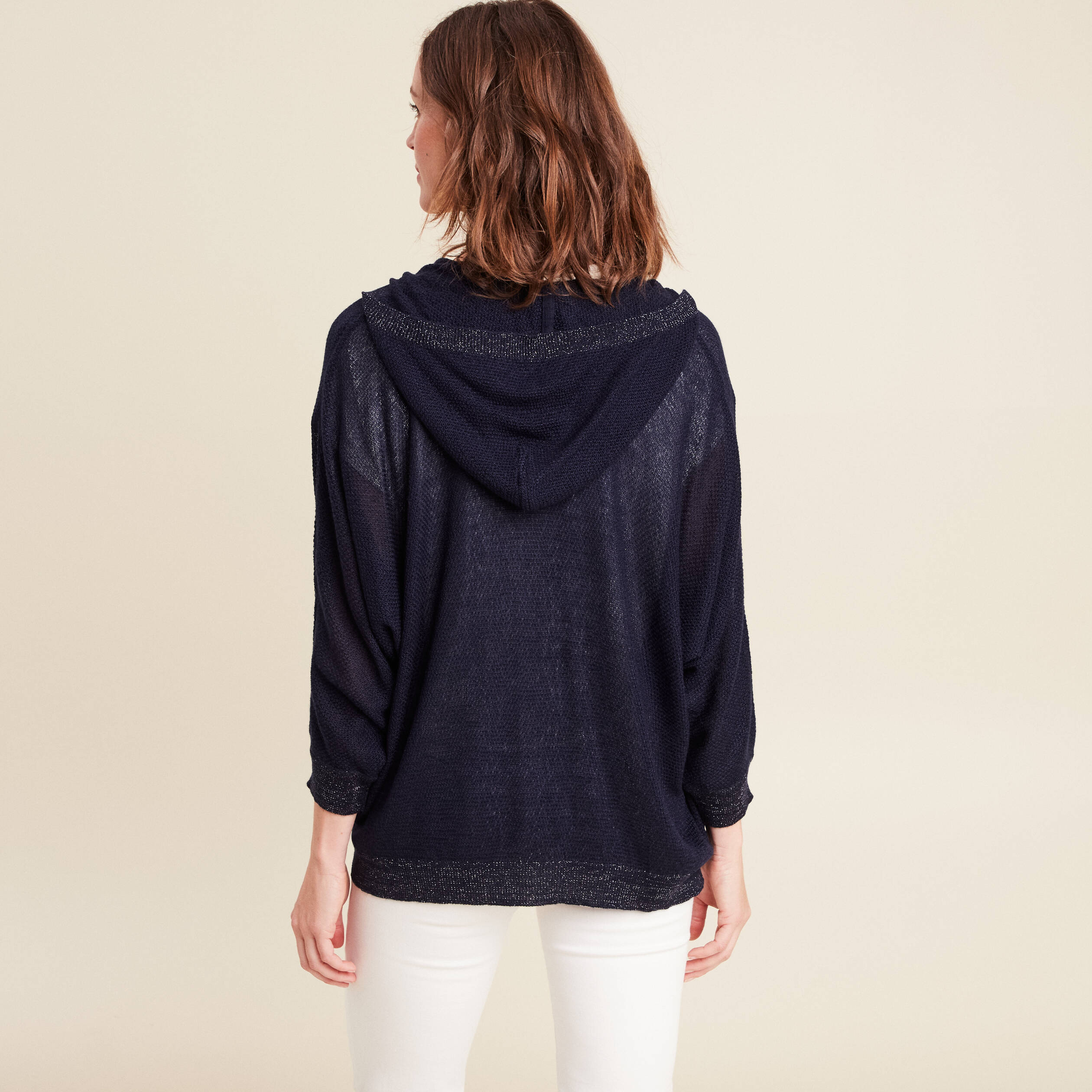 gilet droit mi long a capuche bleu marine femme gilet droit mi-long à capuche bleu marine femme